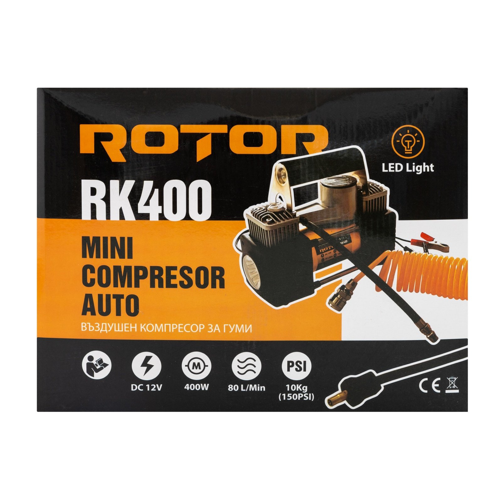 ROTOR RK400 Мини компресор с аксесоари, 12V, 400W, 80 л/мин, 3 м.