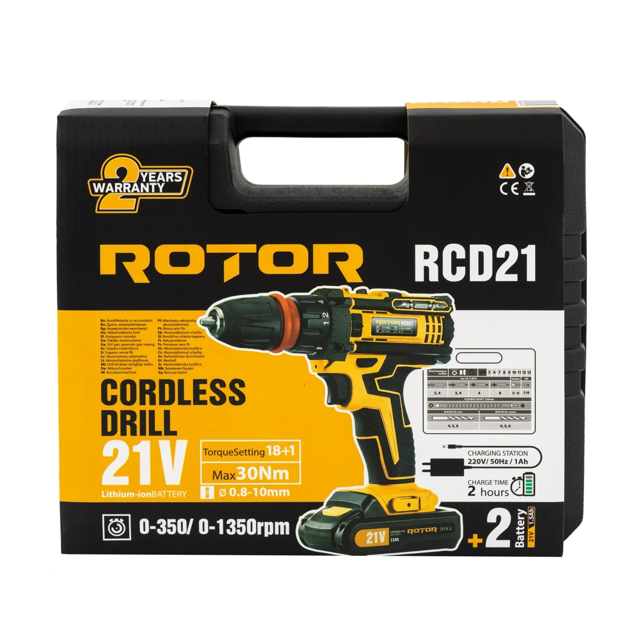 ROTOR RCD21 Акумулаторен винтоверт, 2 бр батерии 21V/1.5Ah, 1350 об/мин, комплект битове