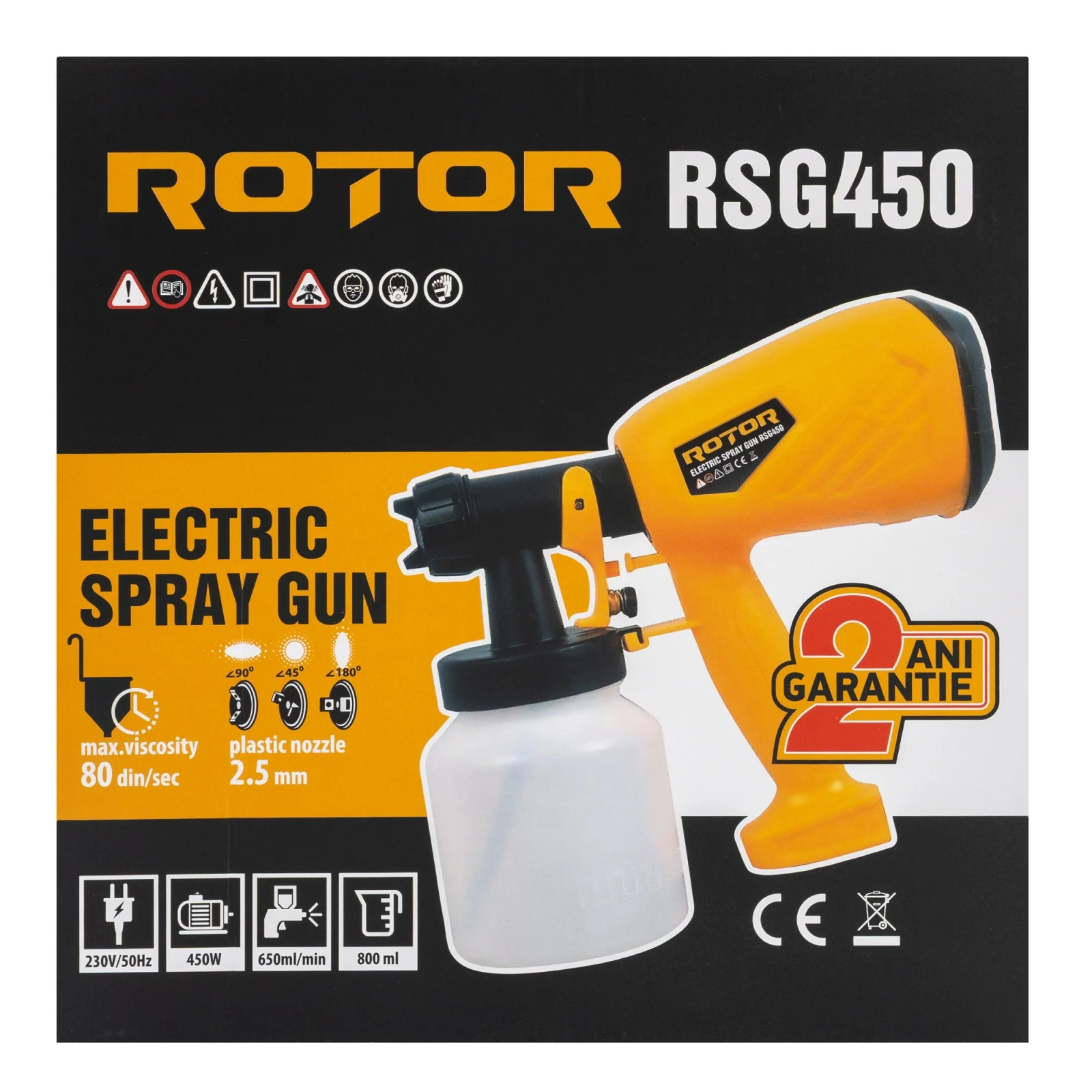 ROTOR RSG450 Електрически пистолет за боядисване 450W, 650 мл/мин, 800 мл, 3 дюзи в комплекта