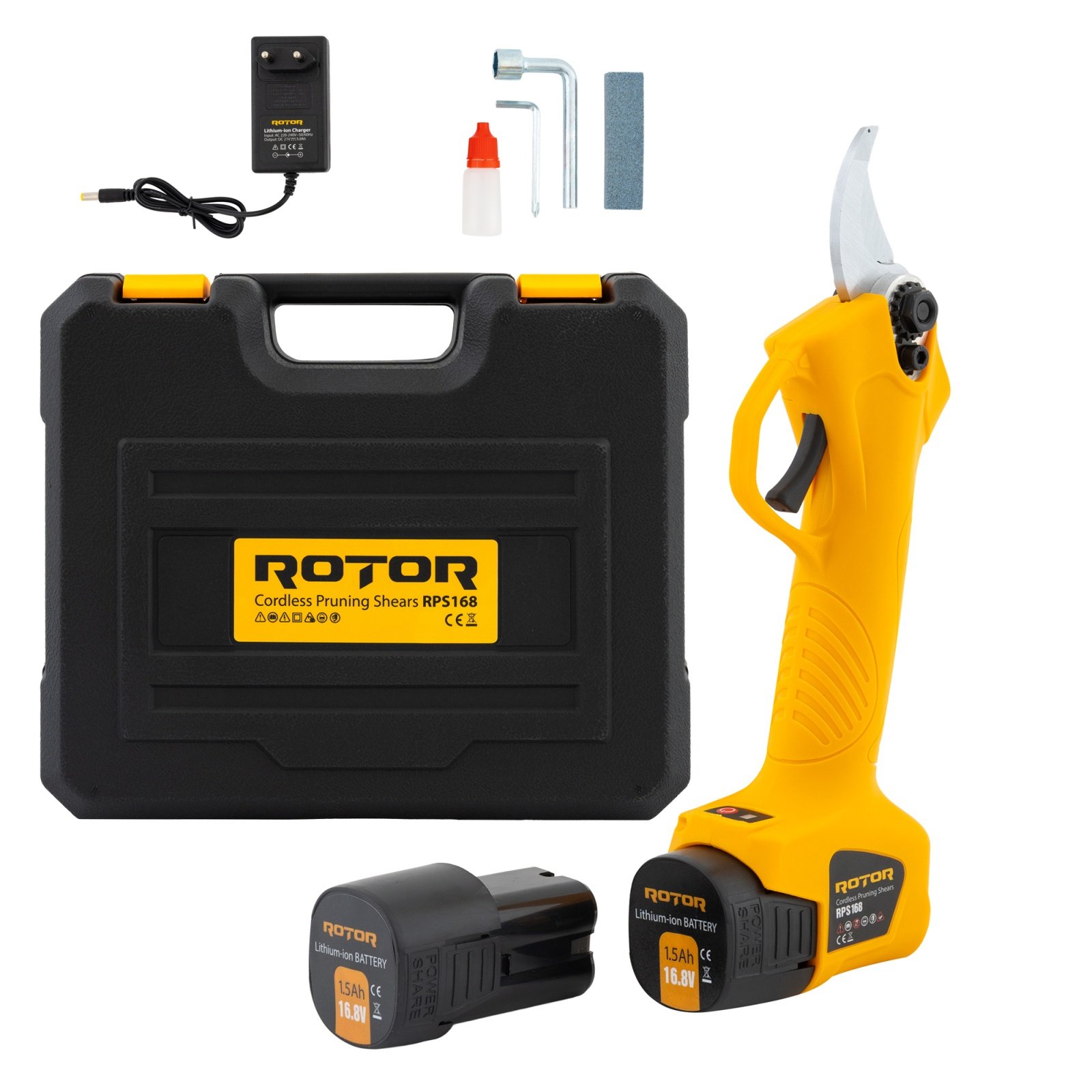 ROTOR RPS168 Акумулаторна безчеткова градинска ножица 16V, 2 батерии 16V 1.5Ah, 25 мм, 1,9 кг