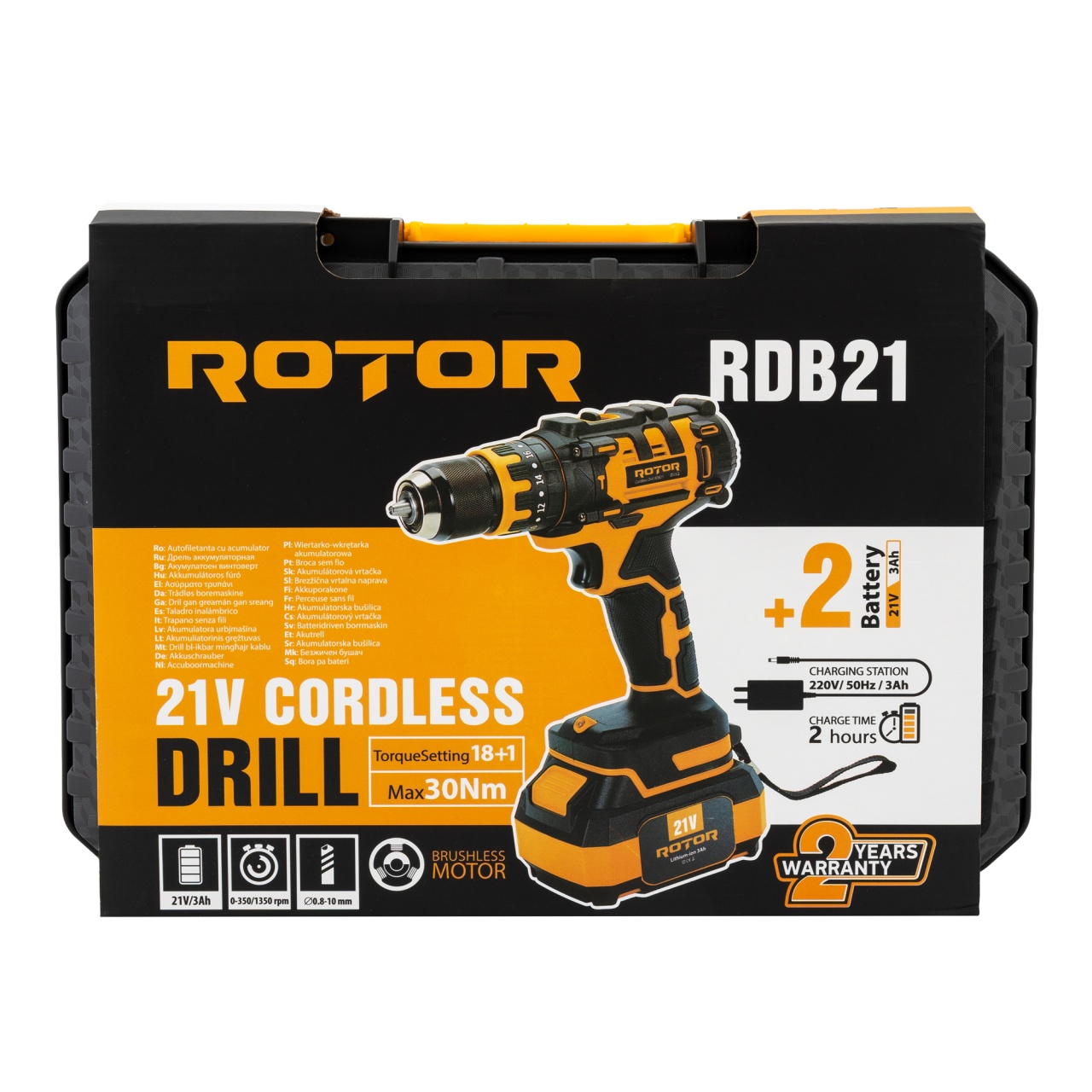 ROTOR RDB21 Безчетков винтоверт 21V/3 Ah, 1350 об/мин, 18+1 степени,10 мм метален патронник, 30 Nm, Set – 2 бр батерии 21V/3 Ah 1 бр зарядно