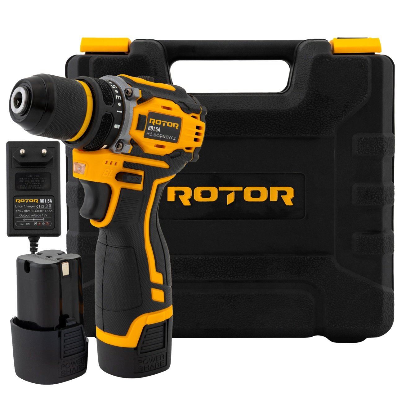 ROTOR RD1.5A Акумулаторен безчетков винтоверт 18V, две батерии 18V/1.5Ah, метален патронник