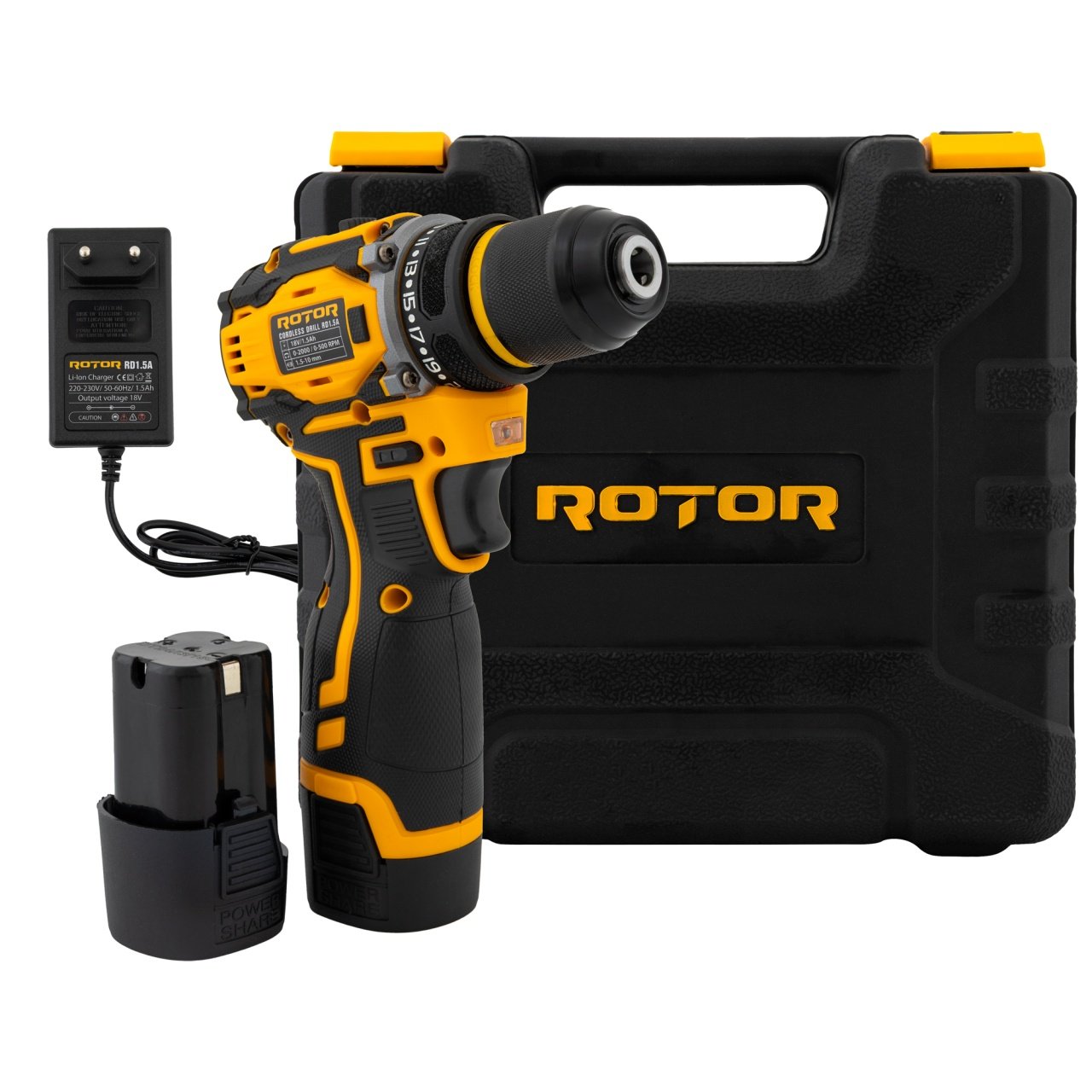 ROTOR RD1.5A Акумулаторен безчетков винтоверт 18V, две батерии 18V/1.5Ah, метален патронник 06106232