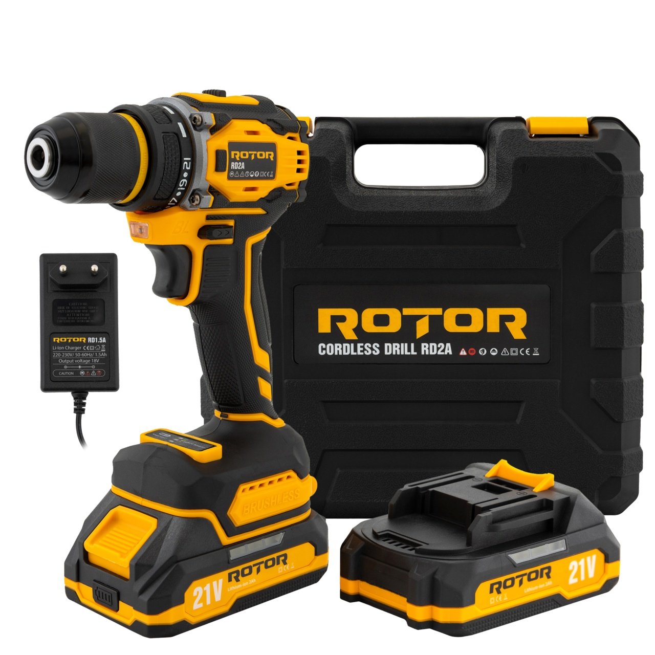 ROTOR RD2A Акумулаторен безчетков винтоверт 21V, две батерии 21V/2Ah, метален патронник
