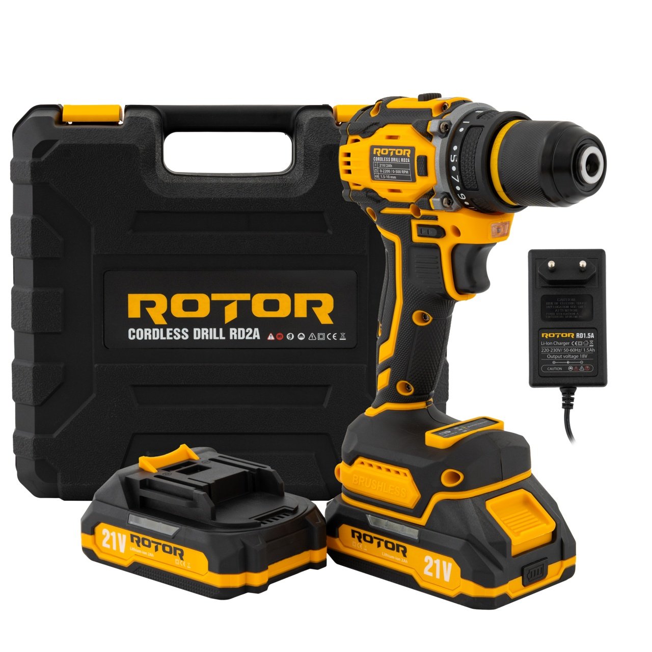 ROTOR RD2A Акумулаторен безчетков винтоверт 21V, две батерии 21V/2Ah, метален патронник 06106249