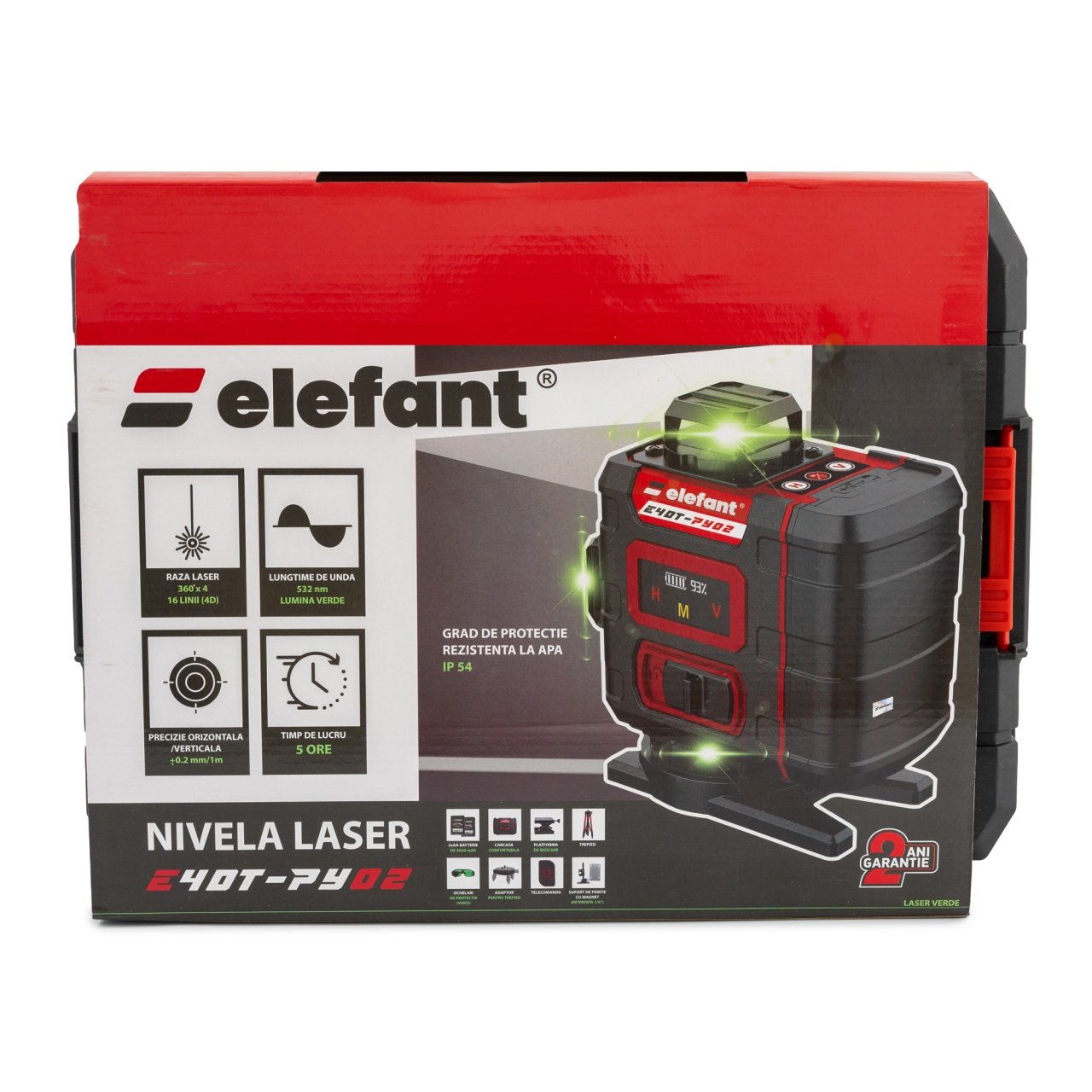 ELEFANT E4DT-PY02 4D Лазерен нивелир с LCD дисплей, тринога, куфар, 3D – 3 x 360° (12 линии), 4D – 4 x 360° (16 линии)