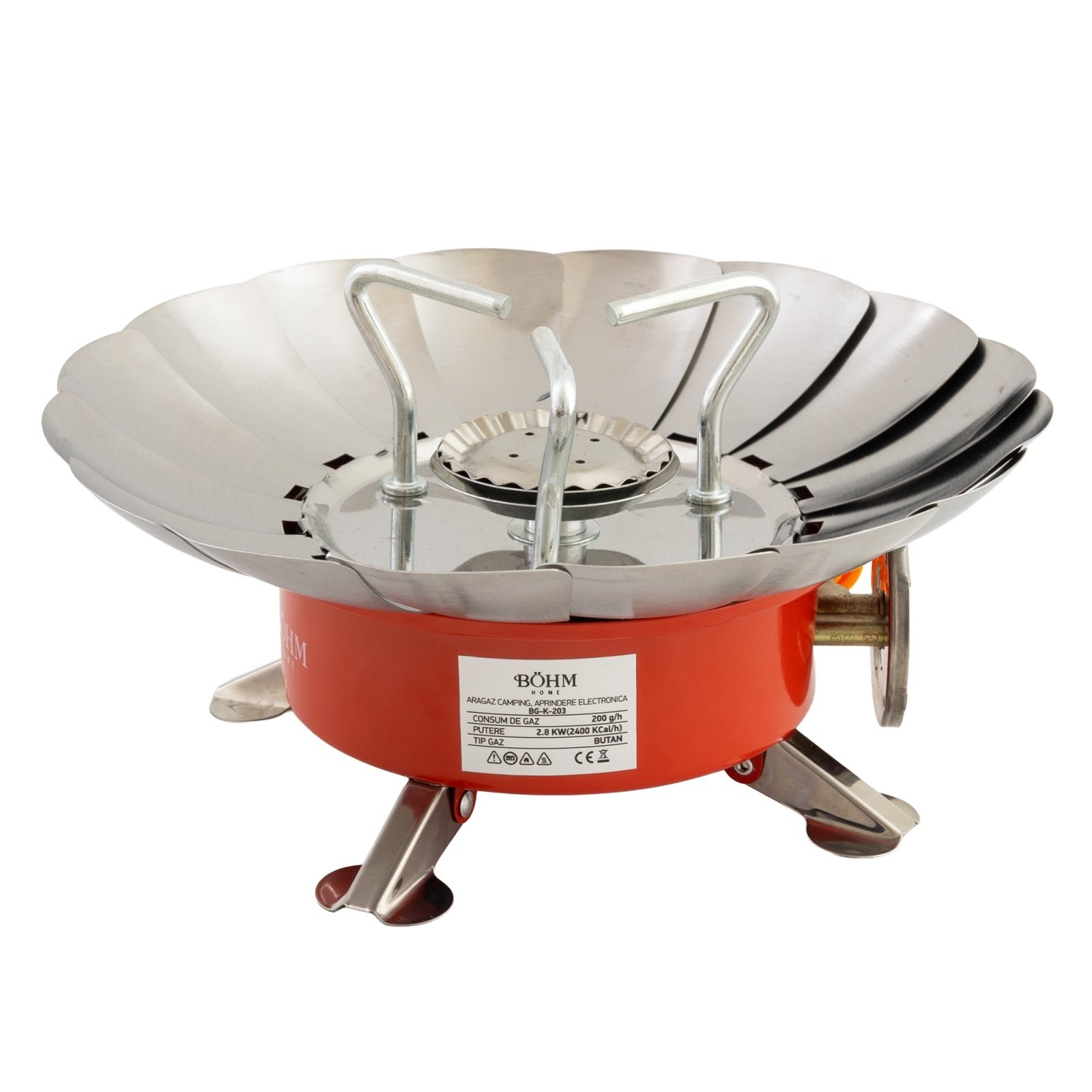 BÖHM BG-K-203 Преносима ветроустойчива газова горелка, къмпинг, 2.8 kW, електрическо запалване, разход 200 г/ч