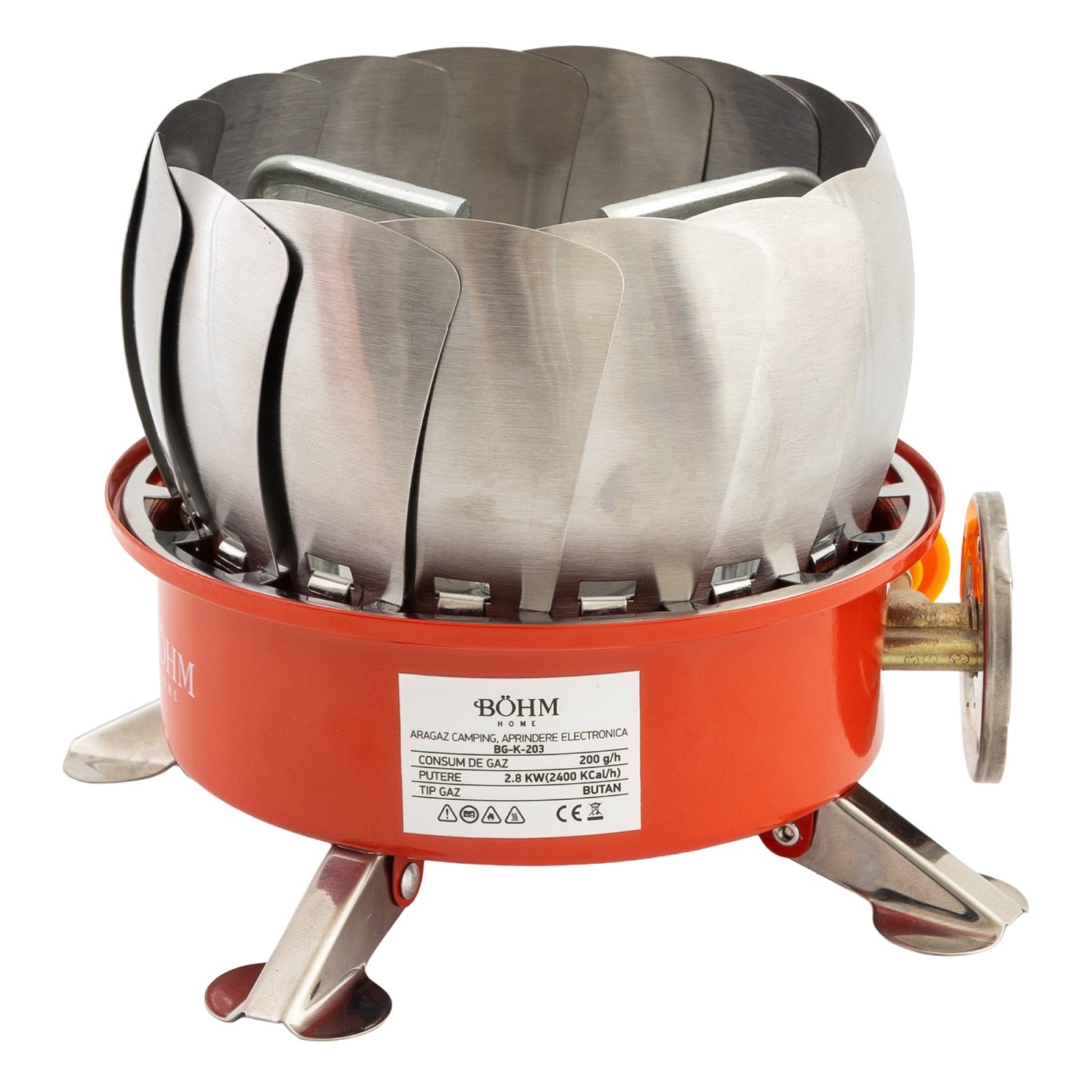 BÖHM BG-K-203 Преносима ветроустойчива газова горелка, къмпинг, 2.8 kW, електрическо запалване, разход 200 г/ч