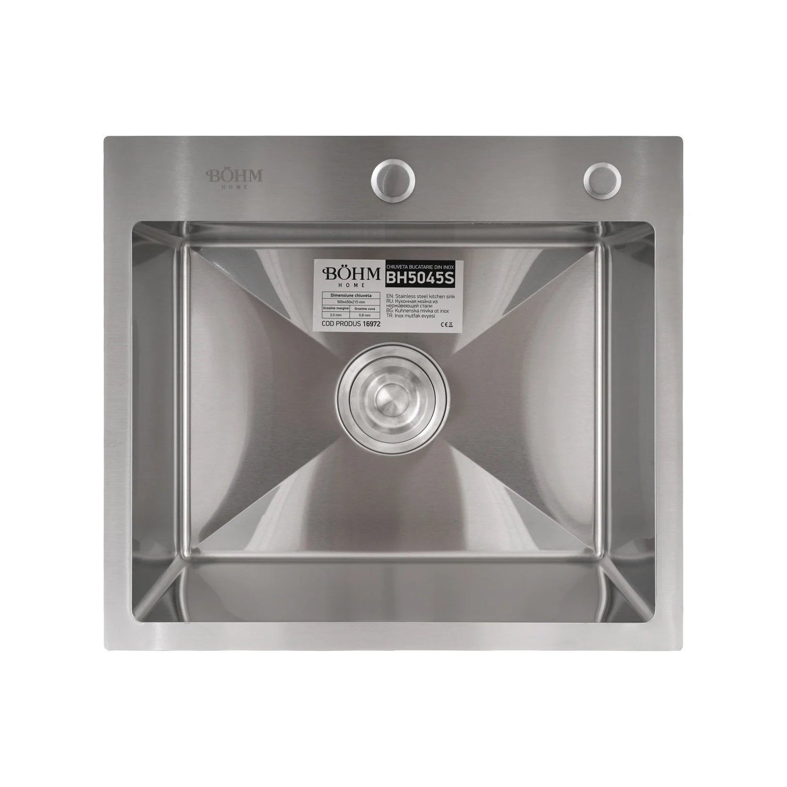 BOHM BH5045S Кухненска мивка, цвят Satin, SUS304 (3.0/0.8), от неръждаема стомана, 500x450x215 мм