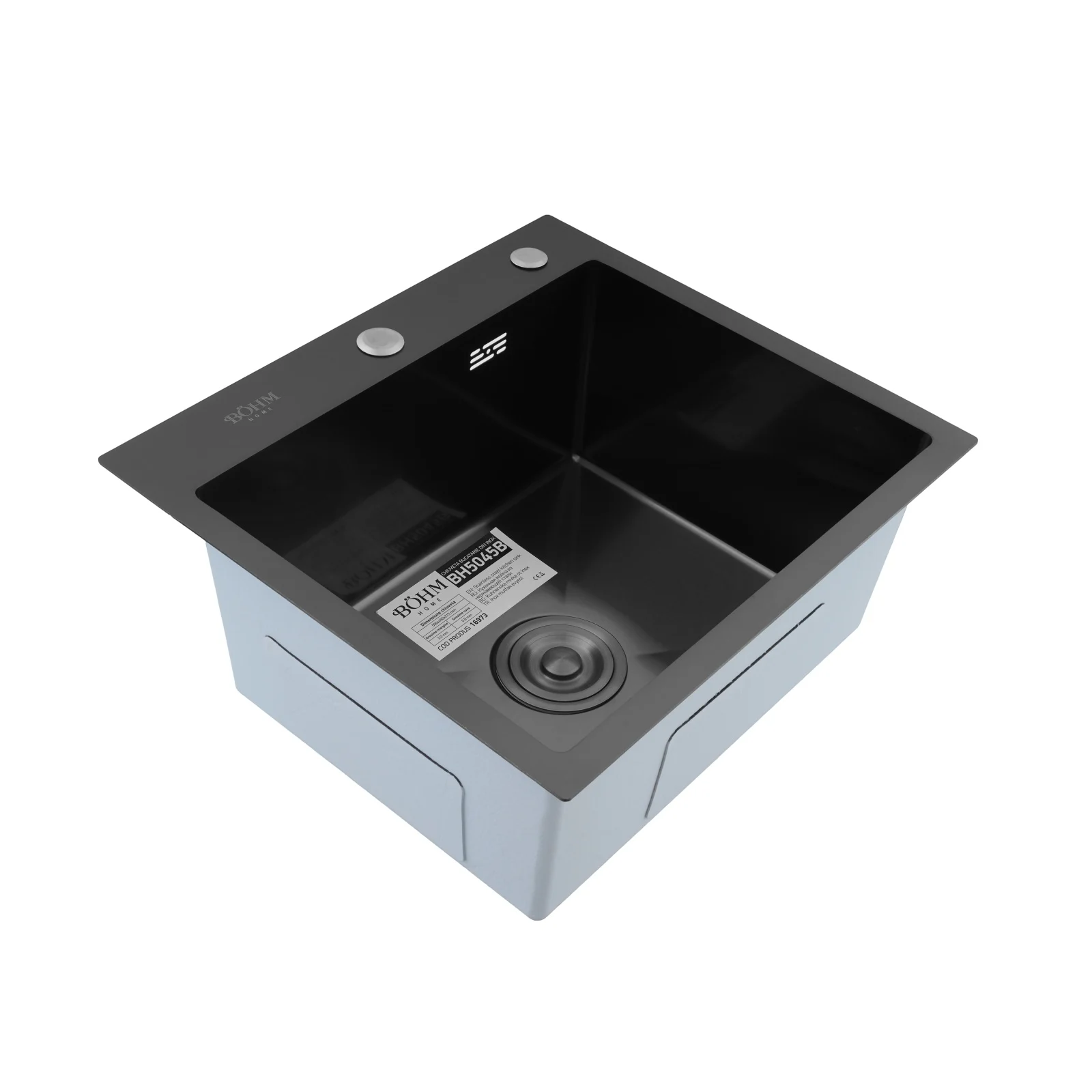 BOHM BH5045B Кухненска мивка, цвят Nano Black, SUS304 (3.0/0.8), от неръждаема стомана, 500x450x215 мм
