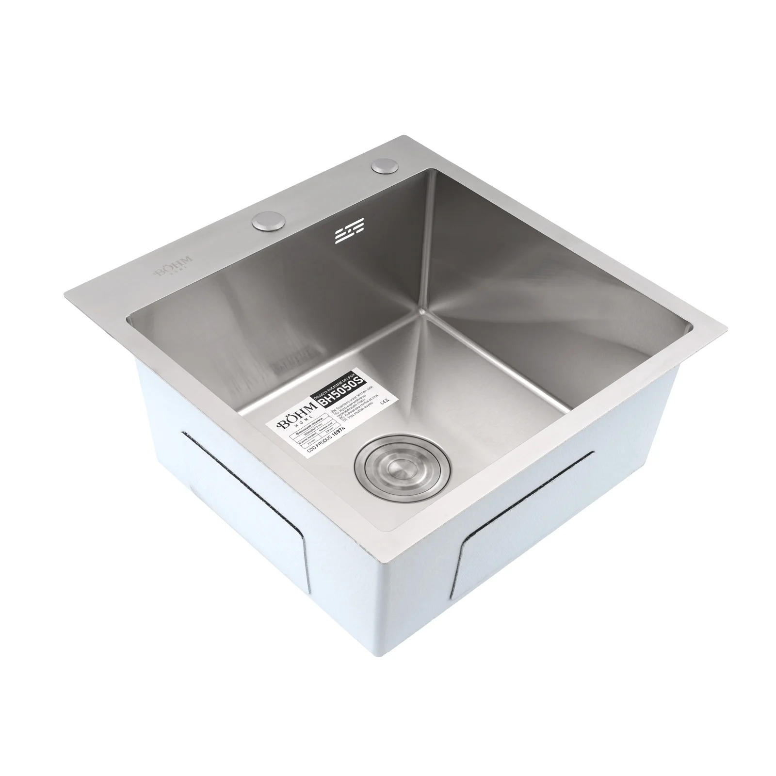 BOHM BH5050S Кухненска мивка, цвят Satin, SUS304 (3.0/0.8), от неръждаема стомана, 500x500x215 мм