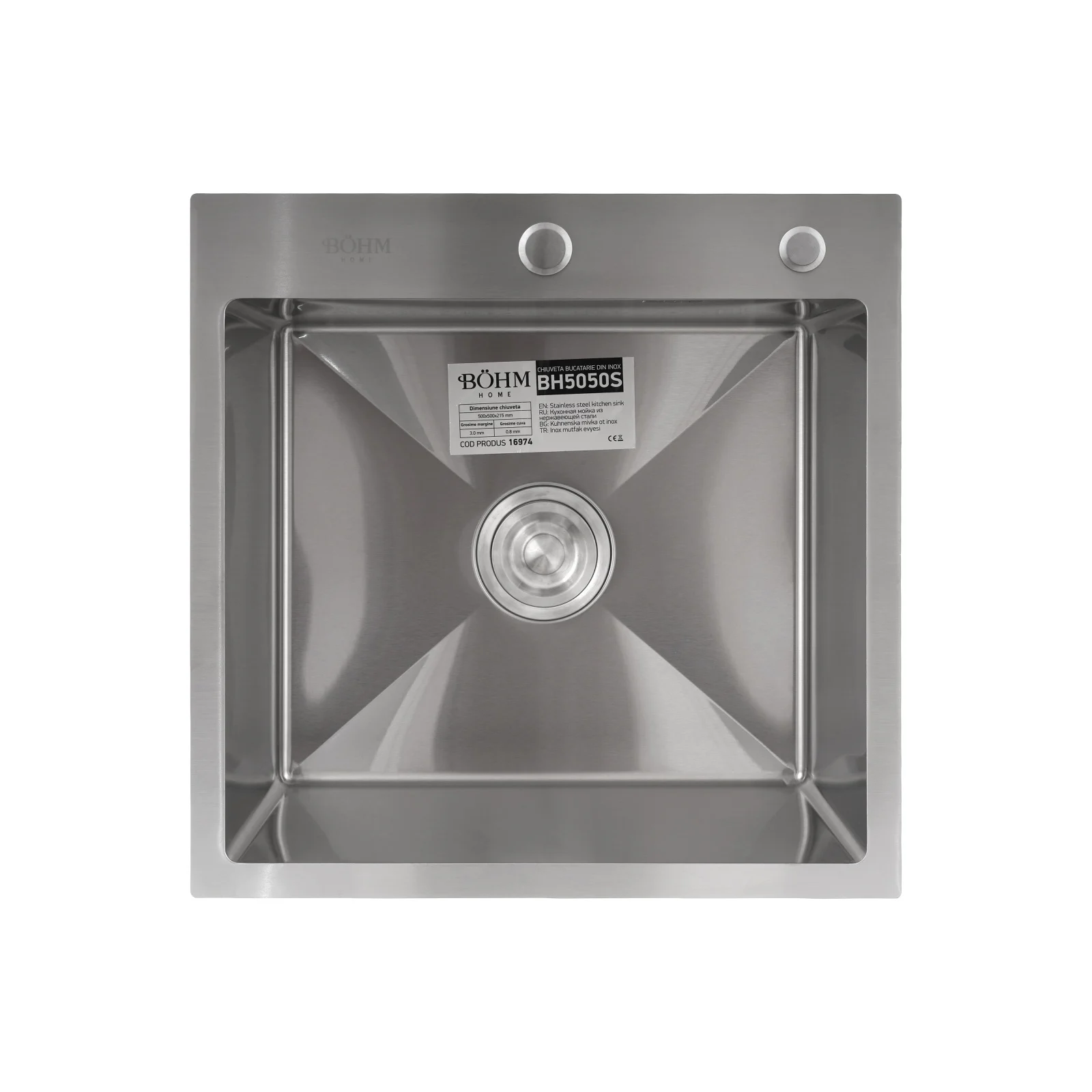 BOHM BH5050S Кухненска мивка, цвят Satin, SUS304 (3.0/0.8), от неръждаема стомана, 500x500x215 мм