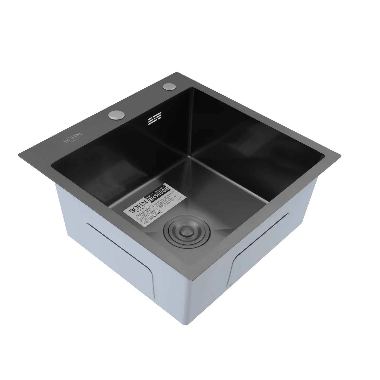 BOHM BH5050B Кухненска мивка, цвят Nano Black, SUS304 (3.0/0.8), от неръждаема стомана, 500x500x215 мм