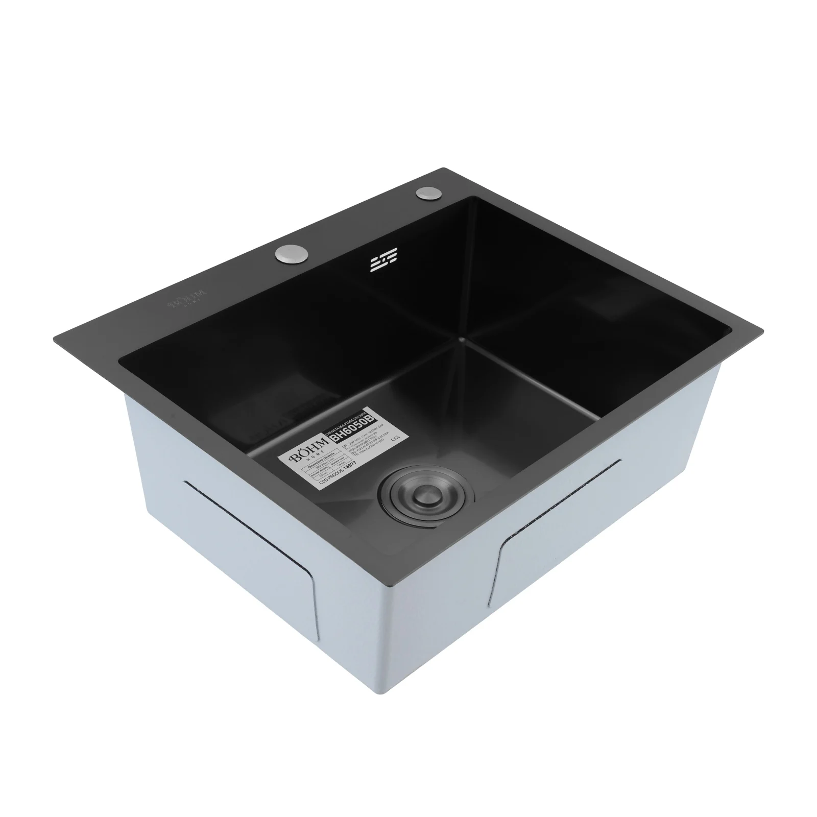 BOHM BH6050B Кухненска мивка, цвят Nano Black, SUS304 (3.0/0.8), от неръждаема стомана, 600x500x215 мм