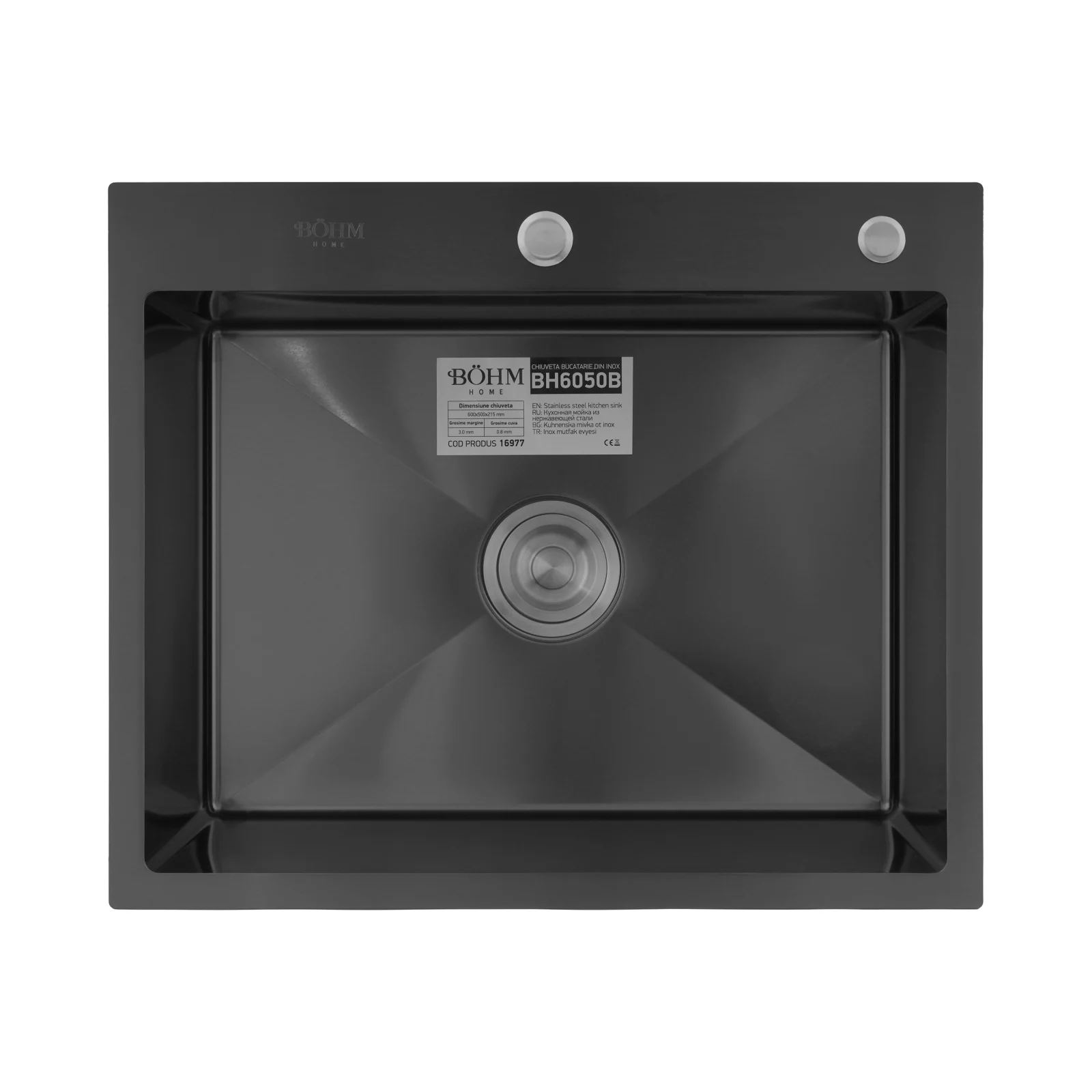 BOHM BH6050B Кухненска мивка, цвят Nano Black, SUS304 (3.0/0.8), от неръждаема стомана, 600x500x215 мм