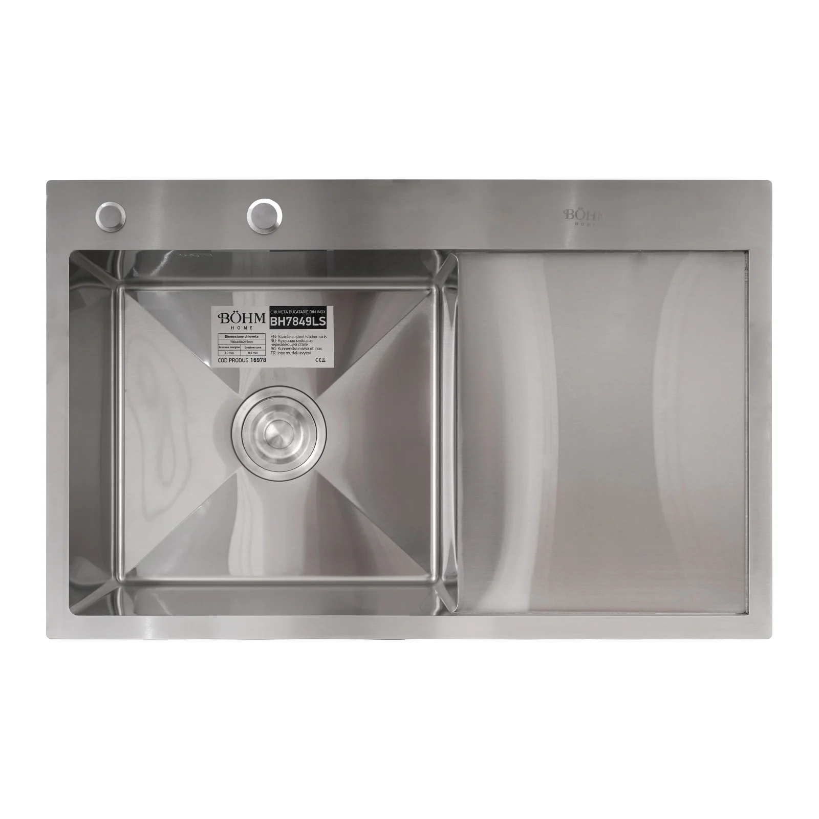 BOHM BH7849LS Кухненска мивка, цвят Satin, SUS304 (3.0/0.8), от неръждаема стомана, 780x490x215 мм