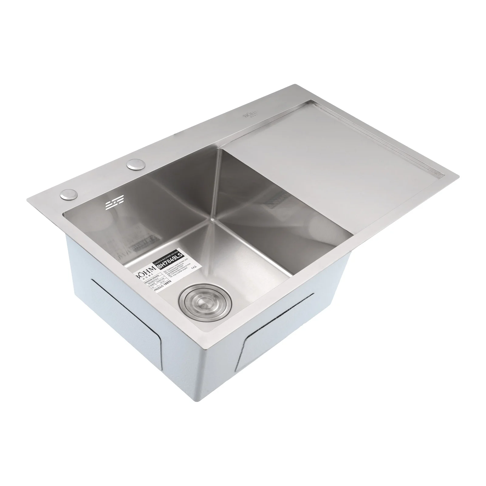 BOHM BH7849LS Кухненска мивка, цвят Satin, SUS304 (3.0/0.8), от неръждаема стомана, 780x490x215 мм