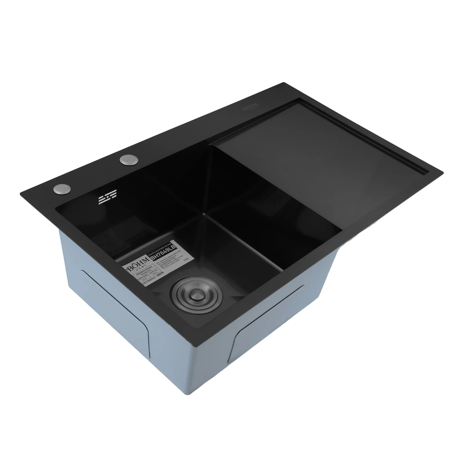 BOHM BH7849LB Кухненска мивка, цвят Nano Black, SUS304 (3.0/0.8), от неръждаема стомана, 780x490x215 мм