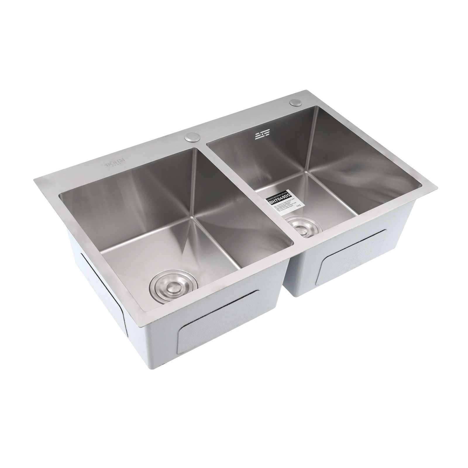 BOHM BH7849DS Кухненска мивка двойна, цвят Satin, SUS304 (3.0/0.8), от неръждаема стомана, 780x490x215 мм