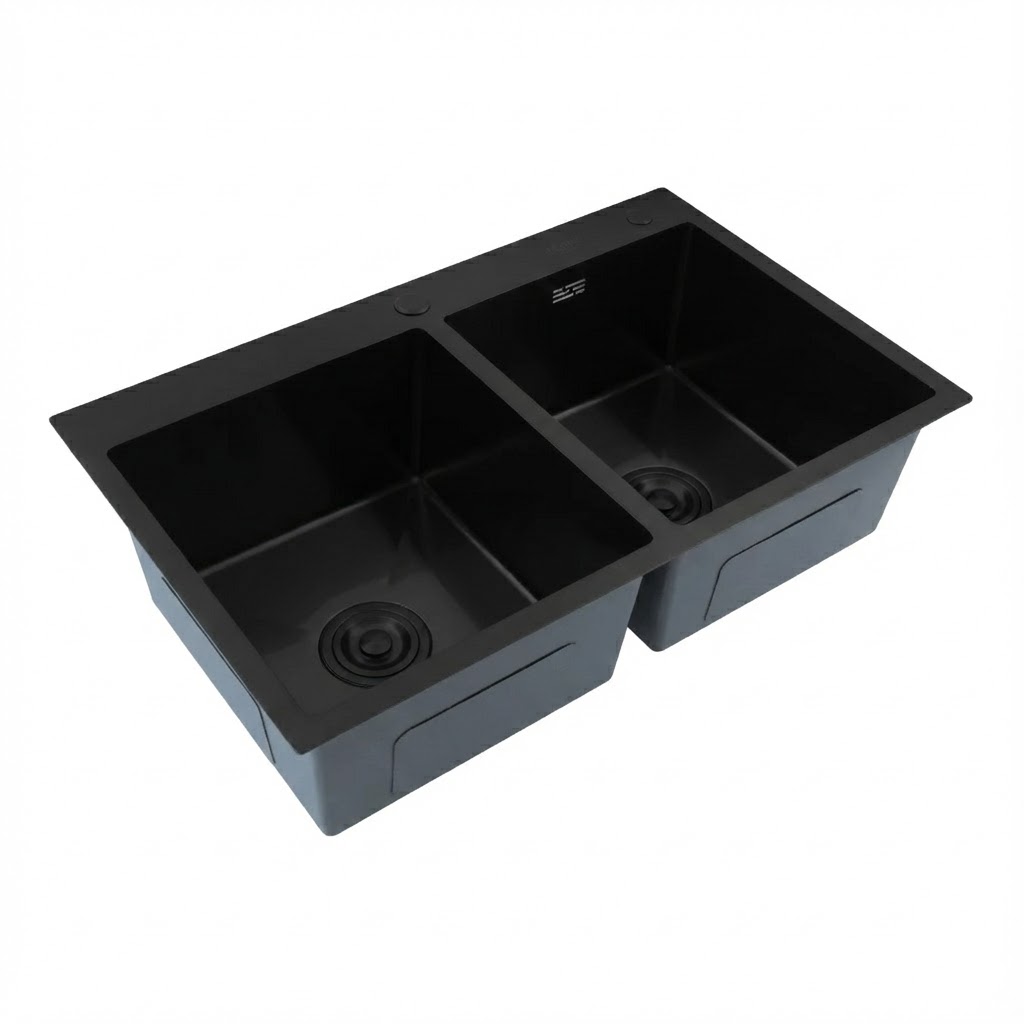 BOHM BH7849DB Кухненска мивка двойна, цвят Nano Black, SUS304 (3.0/0.8), от неръждаема стомана, 780x490x215 мм