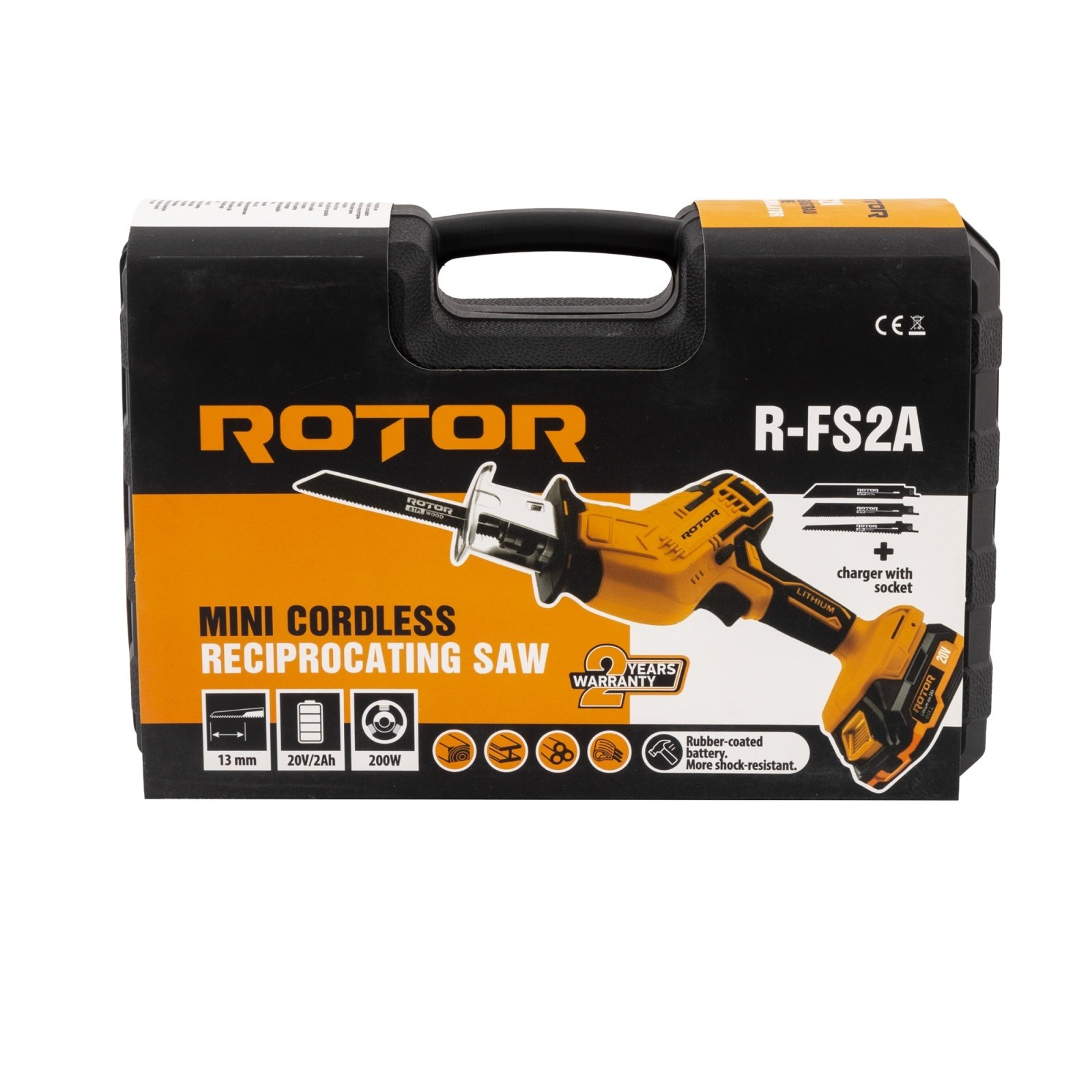 ROTOR R-FS2A Акумулаторен безчетков саблен трион, 20V/2Ah, 13 мм, куфар, комплект ножове, Set – с батерия и зарядно