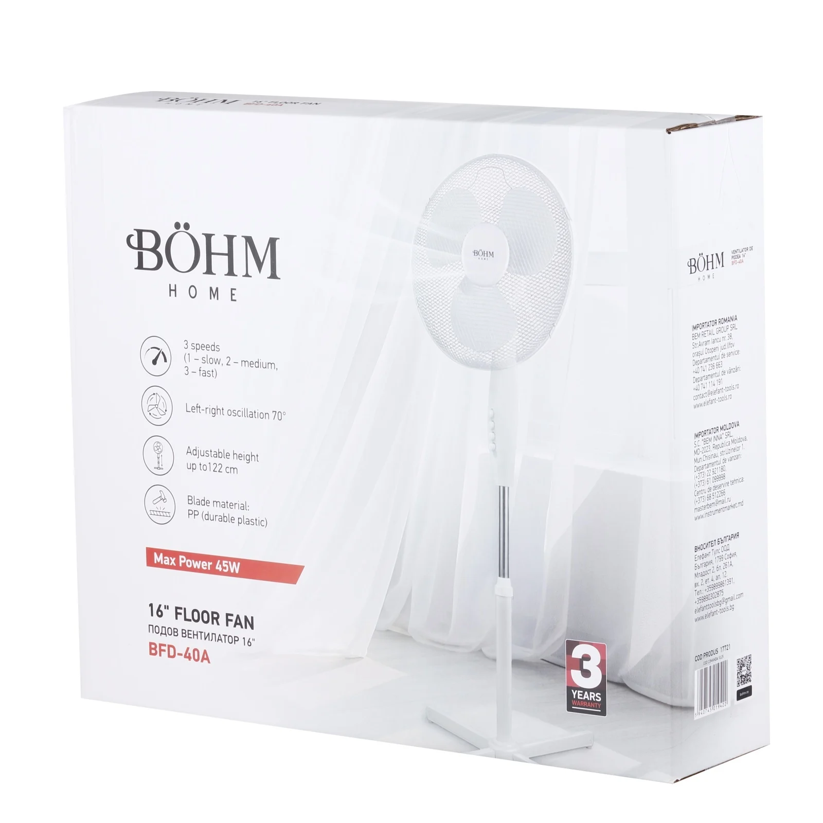 BFD-40A Вентилатор на стойка 40см 45W 3 скорости, бял BOHM, въртене 70 градуса, настройка височина до 122 см.