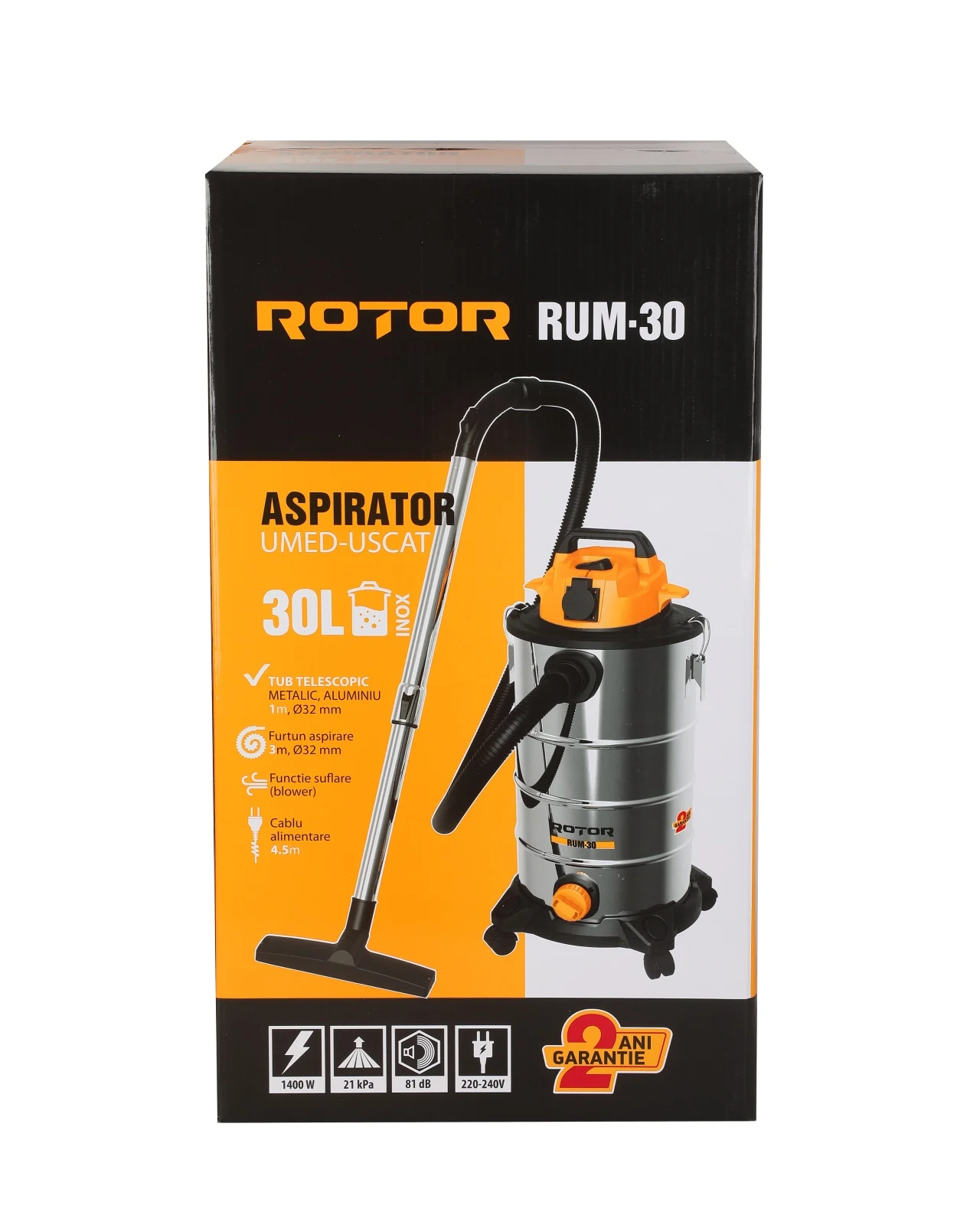 RUM-30 ROTOR Прахосмукачка за мокро и сухо почистване, 1400 W, 30 Л, 21 kPa, 5 метра кабел