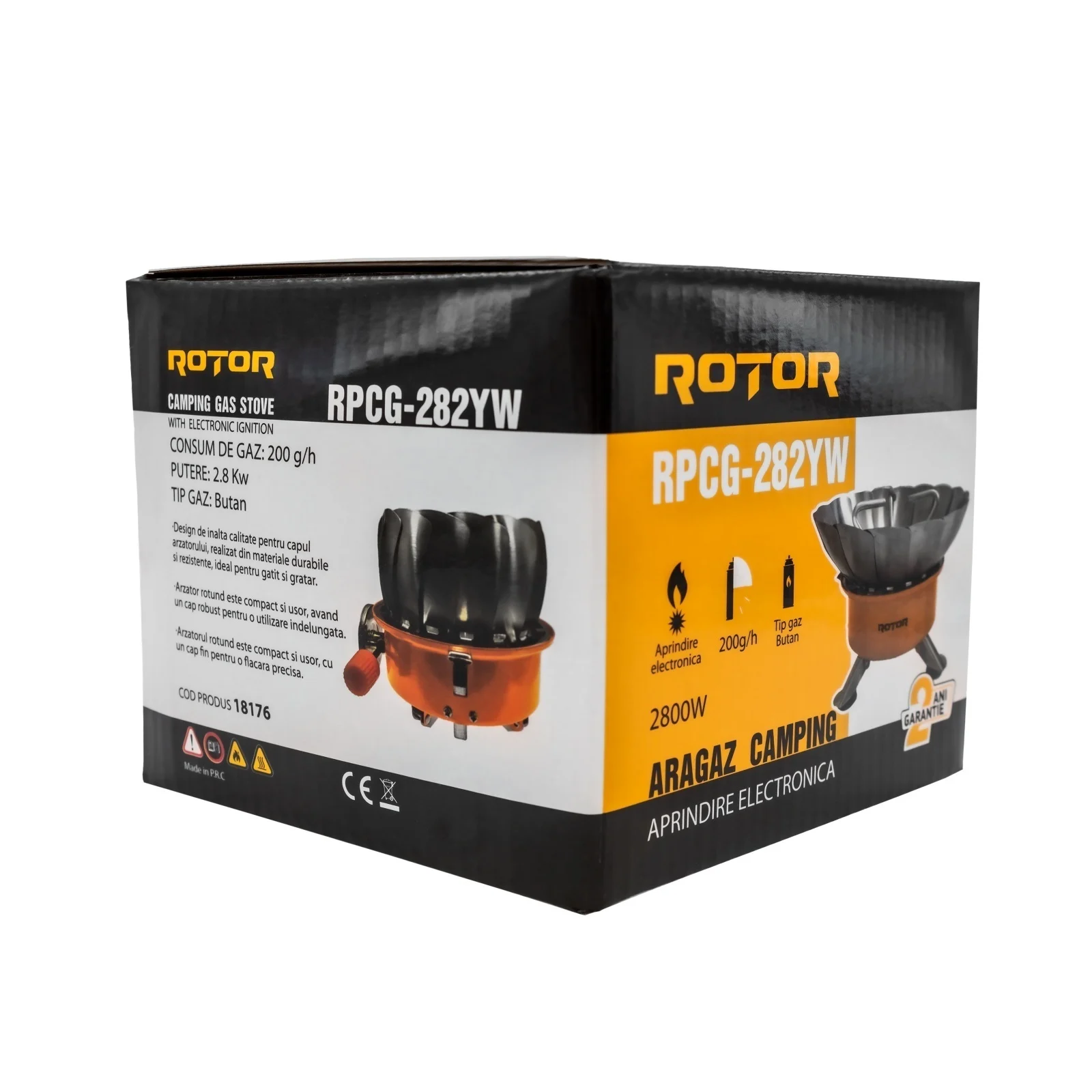 ROTOR RPCG-282YW Преносима ветроустойчива газова горелка, къмпинг, 2.8 kW, електрическо запалване, разход 200 г/ч, пред. код 16591