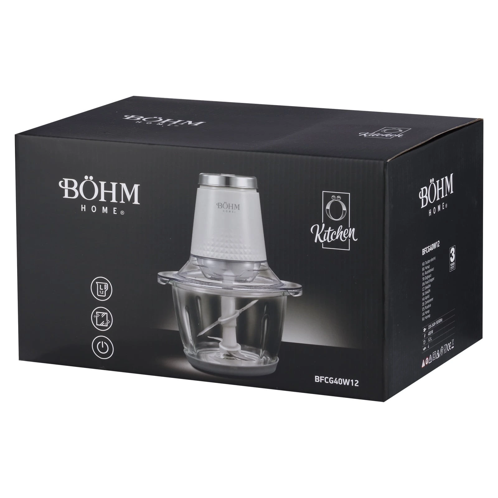 Електрическа резачка за храна Bohm Home BFCG40W12, 400W, стъклена купа 1.2 L, 4 ножа