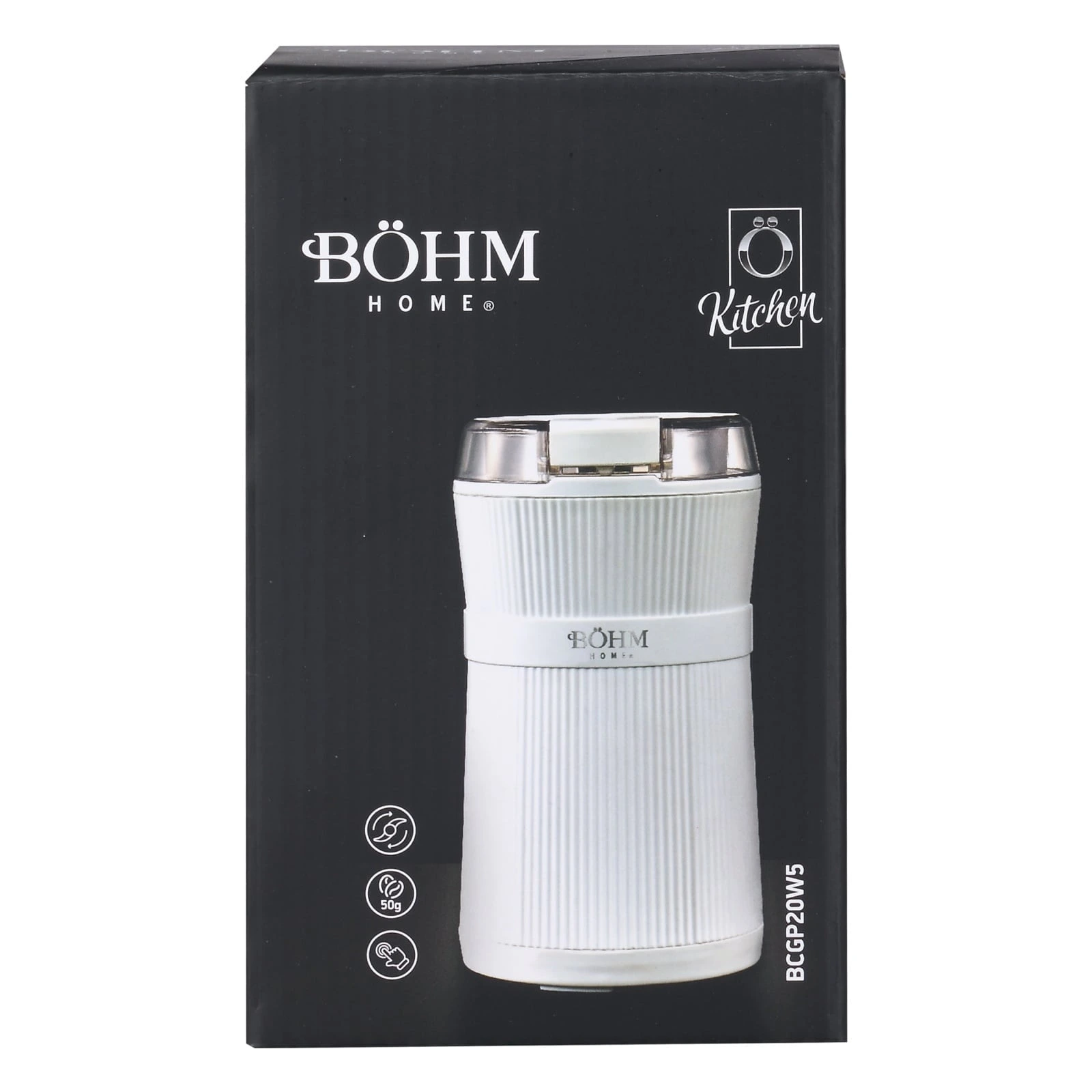 BOHM BCGP20W5 Електрическа кафемелачка, 200W, 50g, 2 ножа от неръждаема стомана, бяла