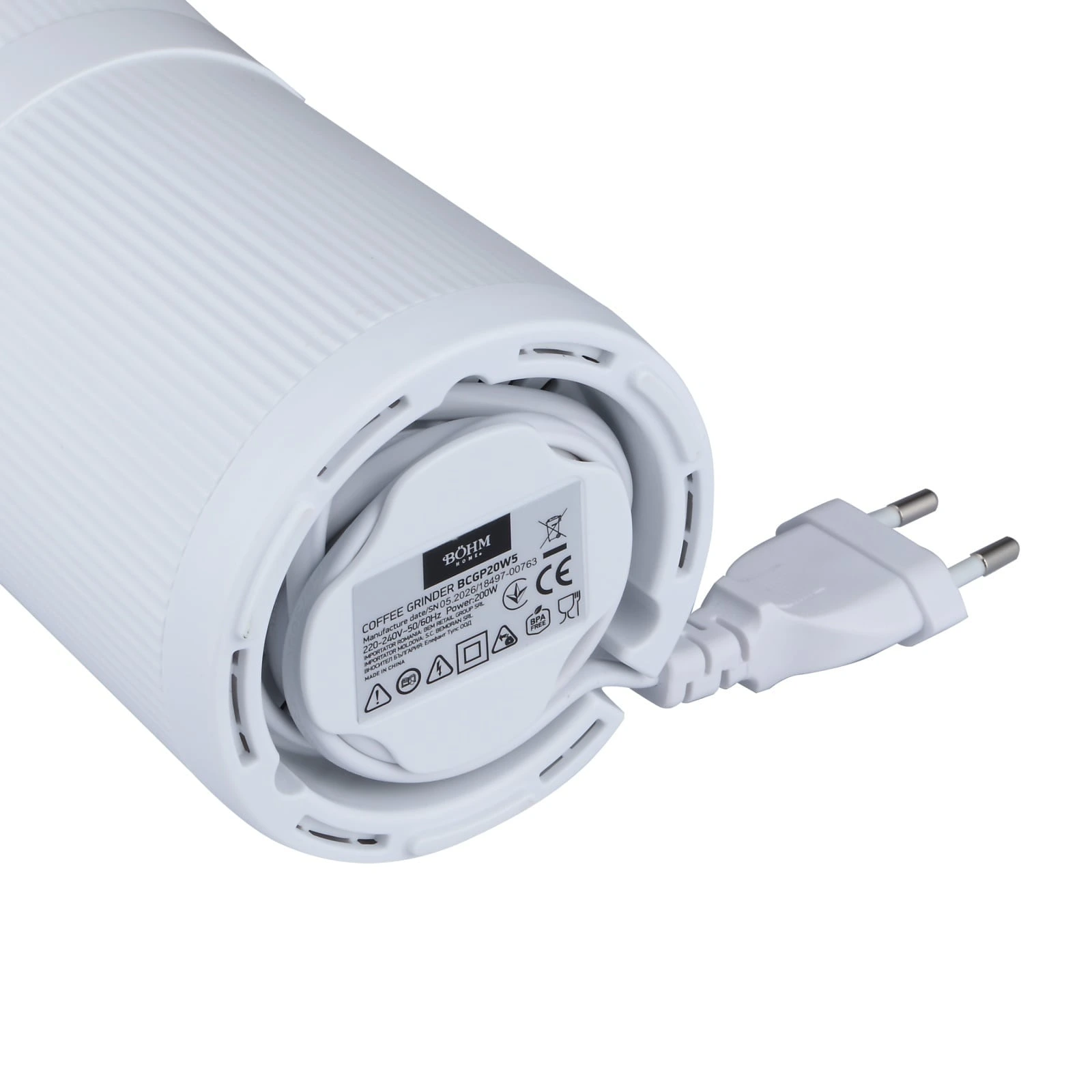 BOHM BCGP20W5 Електрическа кафемелачка, 200W, 50g, 2 ножа от неръждаема стомана, бяла
