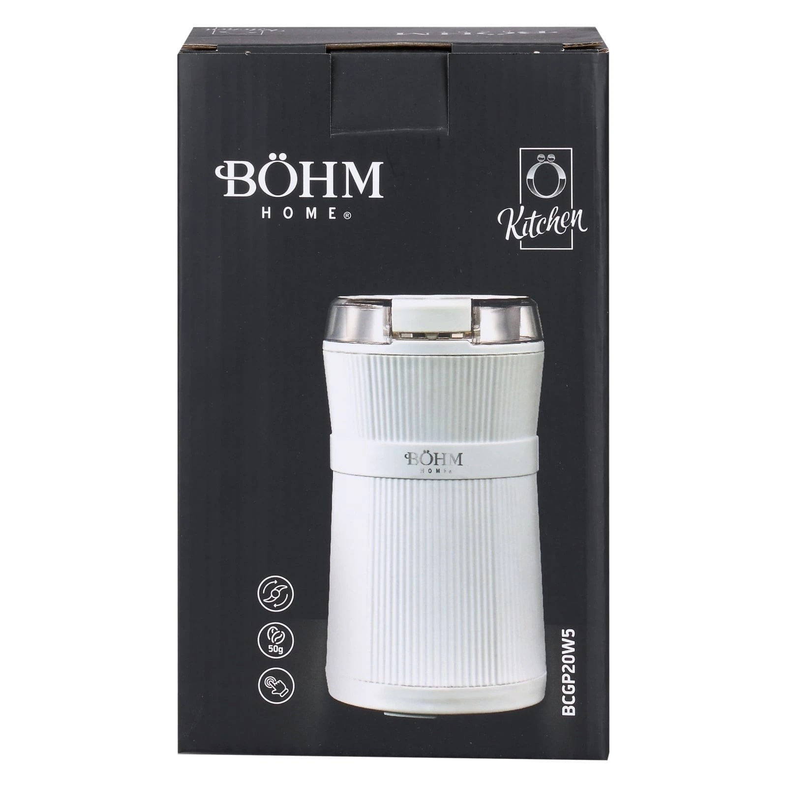 BOHM BCGP20W5 Електрическа кафемелачка, 200W, 50g, 2 ножа от неръждаема стомана, бяла