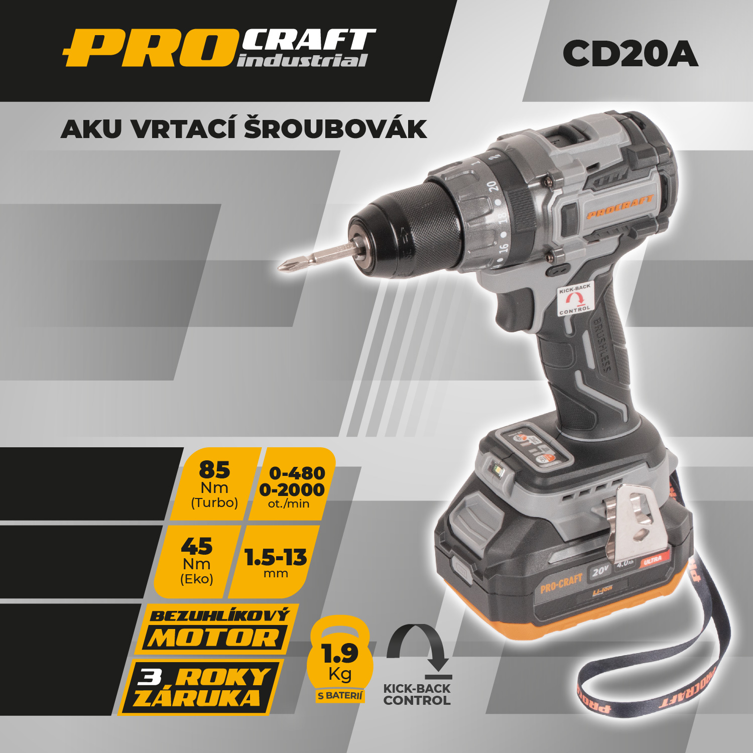 Procraft Industrial CD20A Акумулаторен ударен безчетков винтоверт, 85 Nm, метален патронник 1,5-13 мм, Anti-Kickback и импулсен режим, Set 20V 4Ah, 1 батерия, 1 зарядно