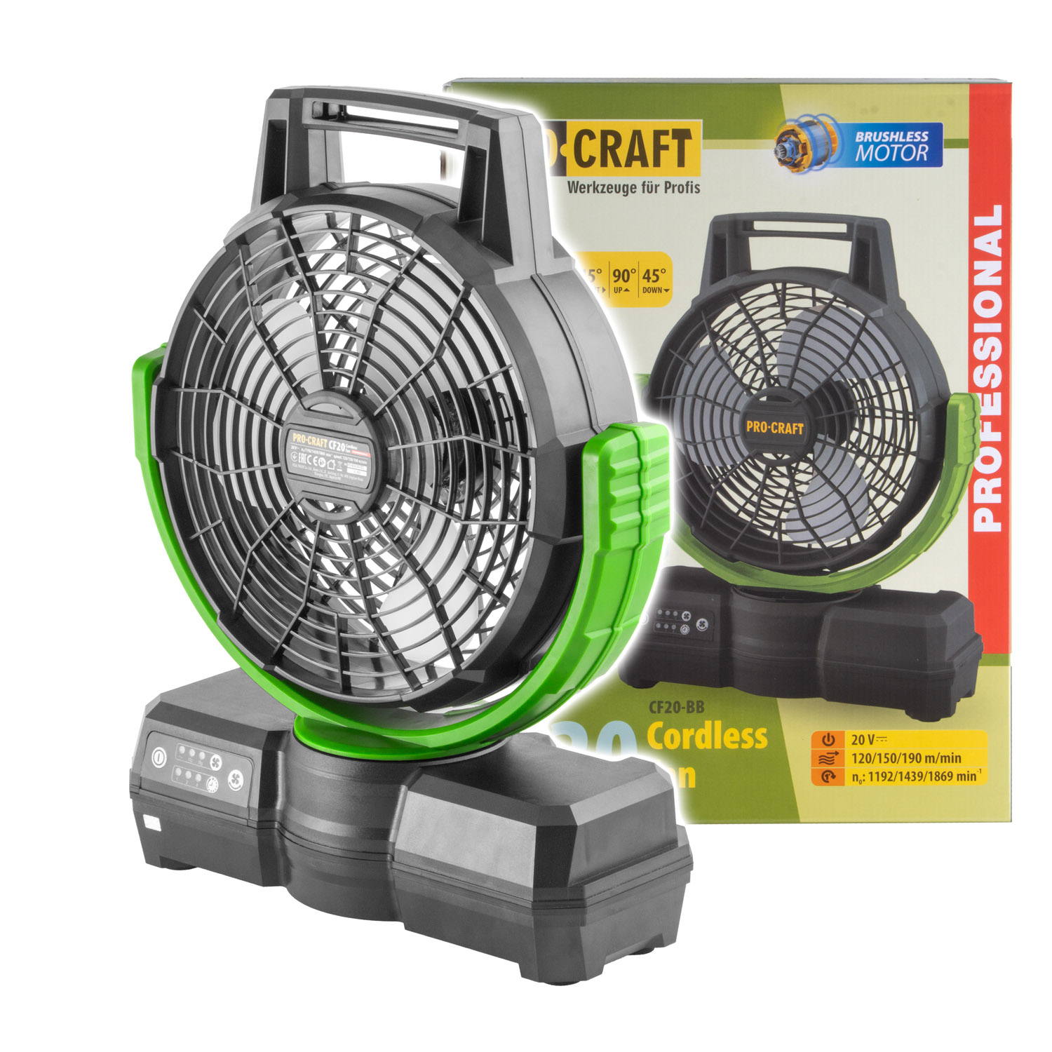 PROCRAFT CF20 Акумулаторен безчетков вентилатор, 20V, 3 скорости, диаметър 235 мм (Solo - без батерия и зарядно)