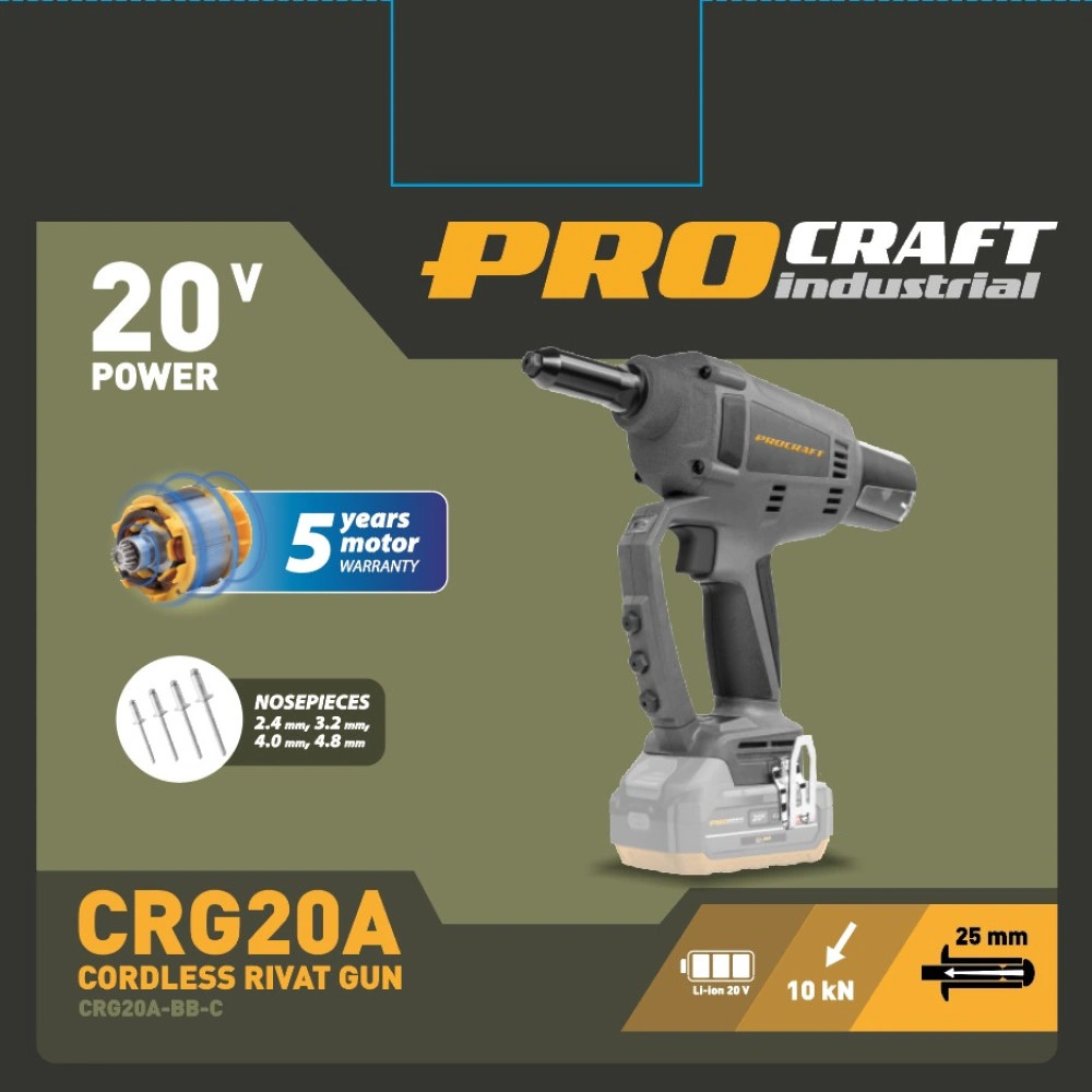 PROCRAFT Industrial CRG20A Акумулаторна безчеткова нитачка 20V, 10 kN, нитове 2.4 до 4.8 мм, solo (без батерия и зарядно)