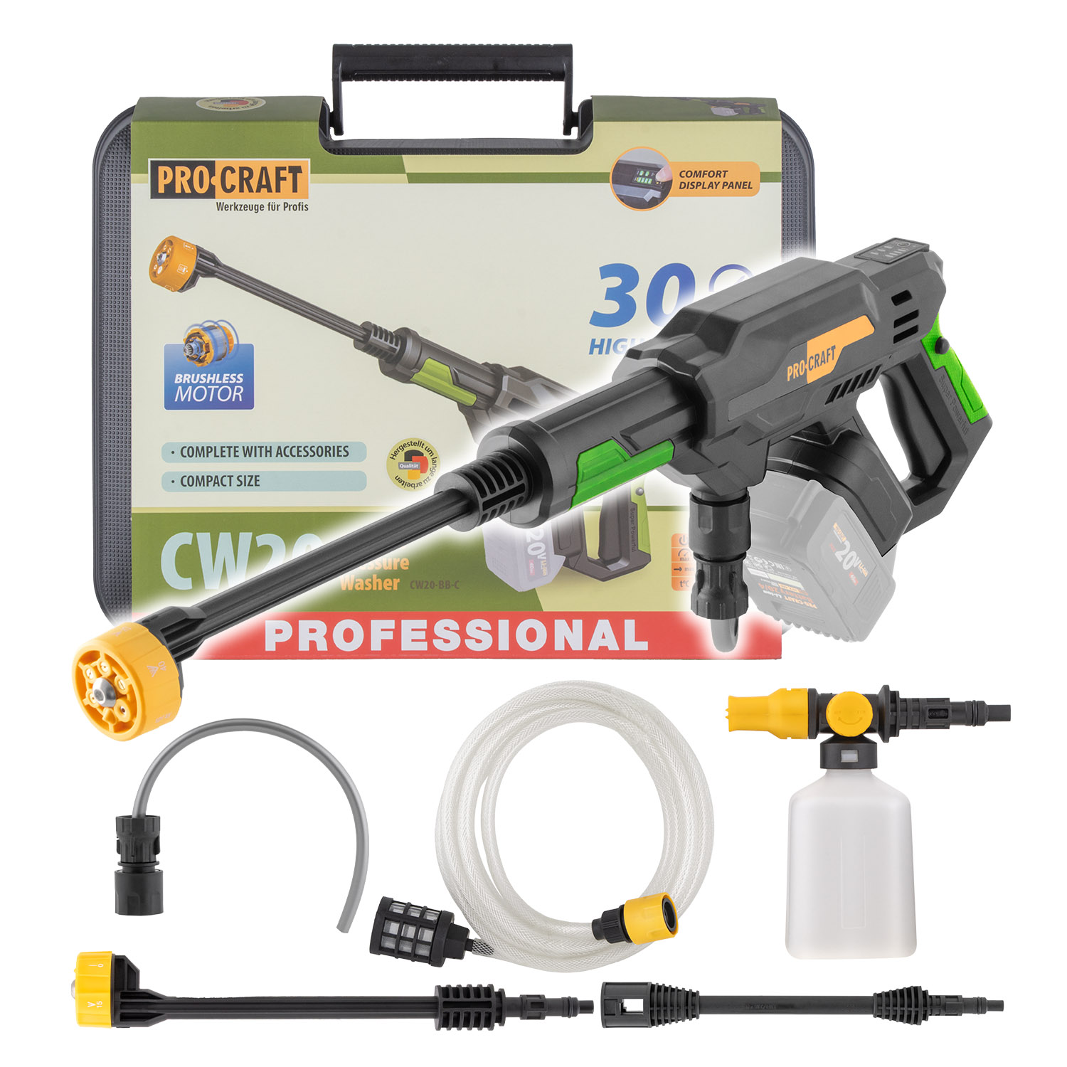 Procraft CW20 Акумулаторна безжична водоструйка 30 bar, 20V, 5 м. кабел (solo-без батерия и зарядно)