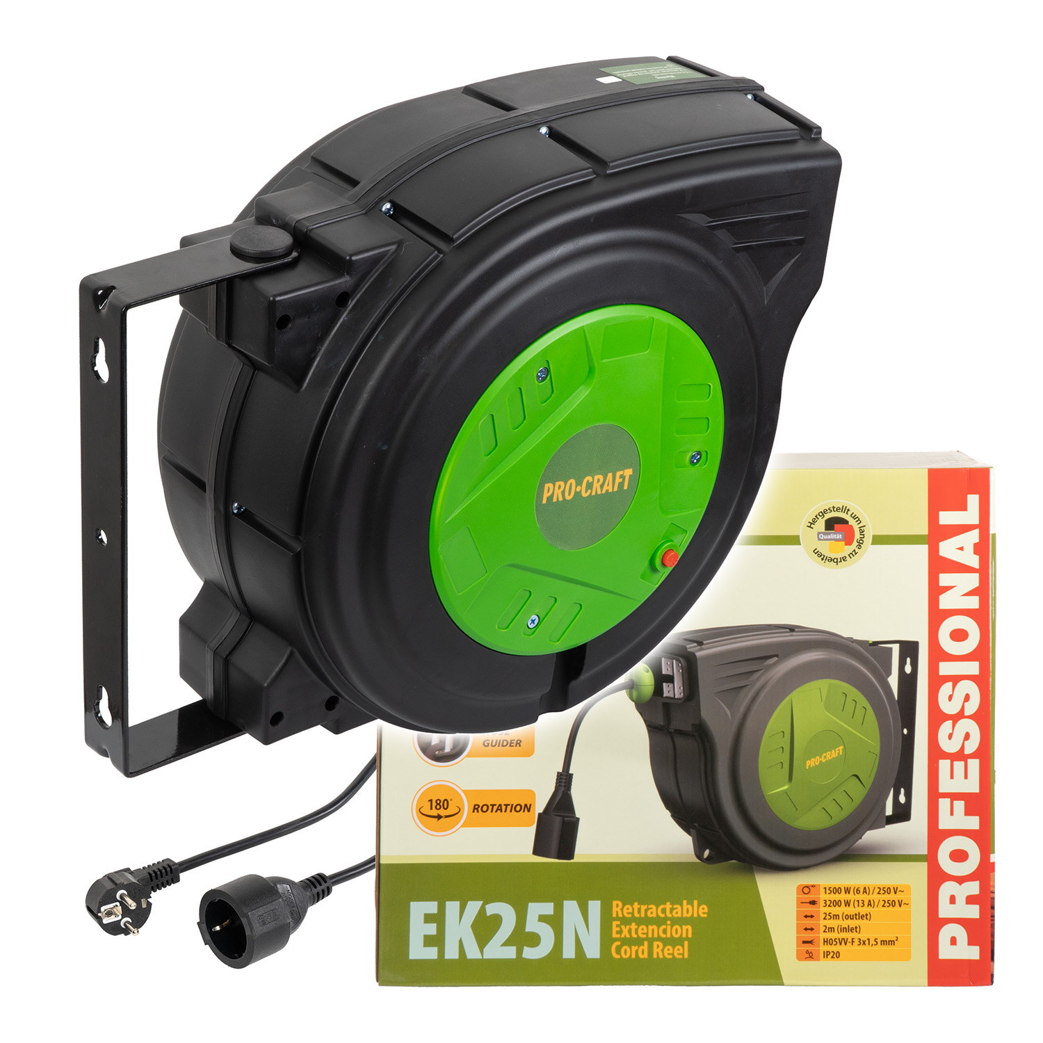 Procraft EK25N Електрическа стенна макара, 25 метра прибиращ удължител, 3200W, 250V