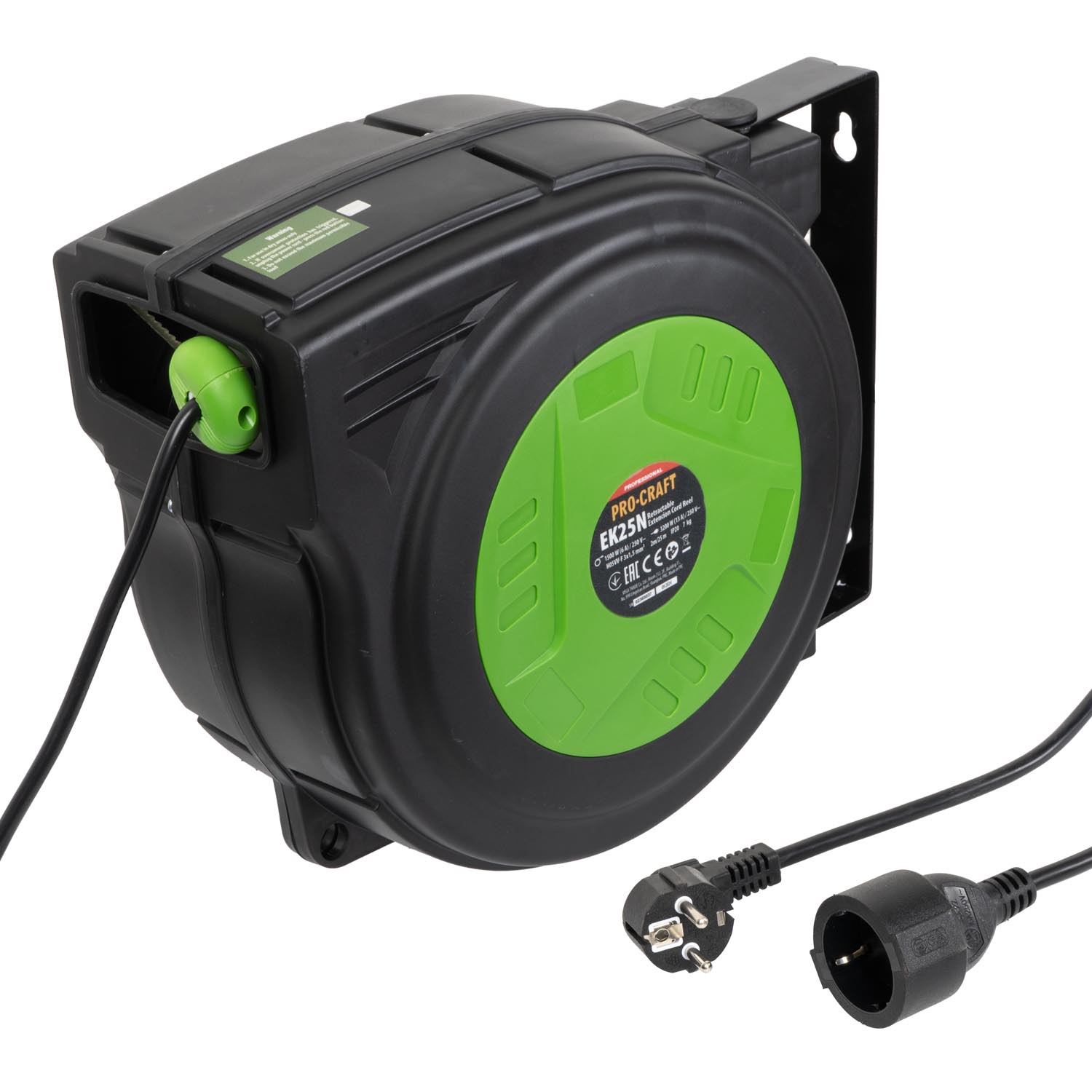 Procraft EK25N Електрическа стенна макара, 25 метра прибиращ удължител, 3200W, 250V
