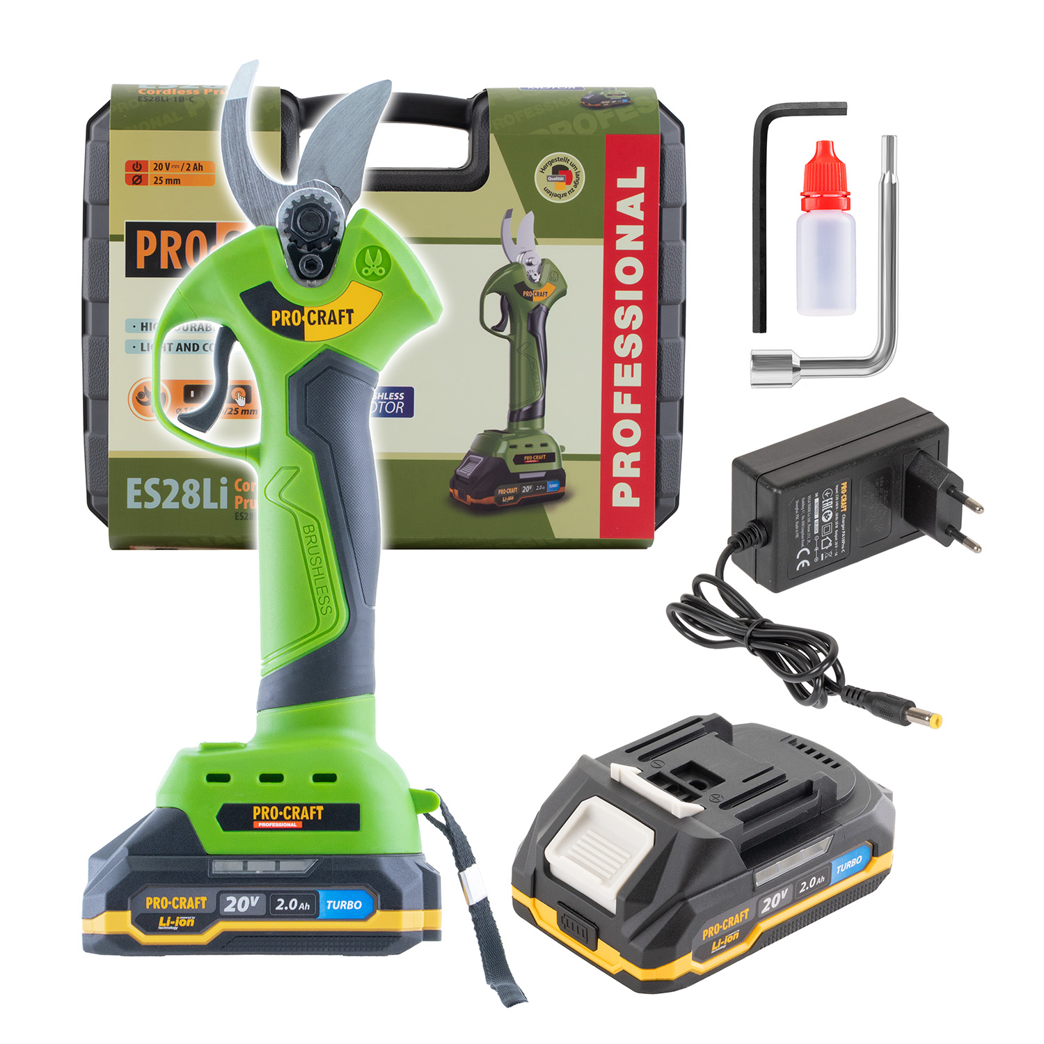 PROCRAFT ES28Li Акумулаторна лозарска ножица, 20V, рязане 10/15/20/25 мм, 1бр батерия 20V 2Ah, 1 бр зарядно.