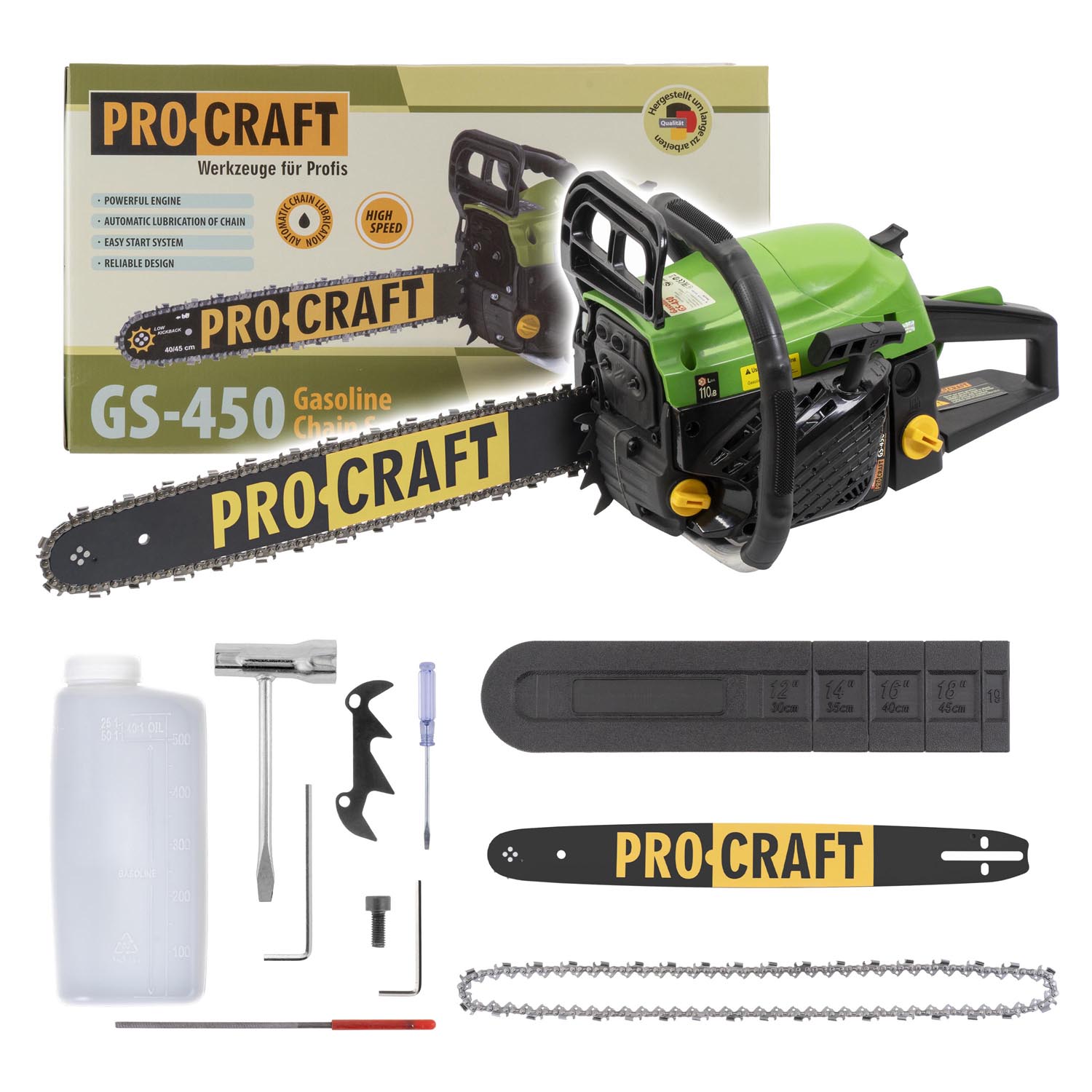 GS-450 PROCRAFT Бензинов трион, 49.3 cm³, 2100W, шина 450 мм, верига 0.325″ 72 звена.