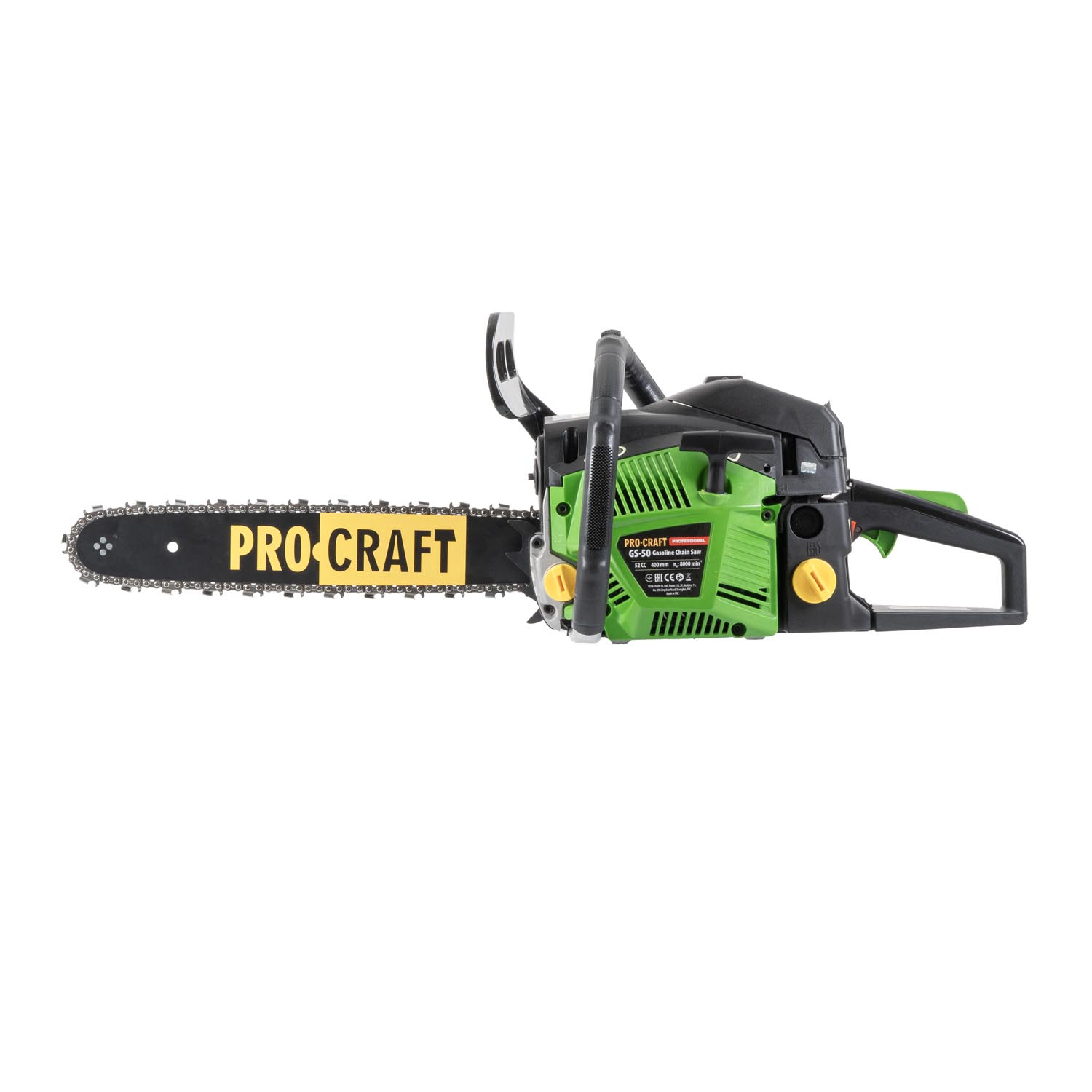 GS-50/2 PROCRAFT Бензинов трион, 49.3 cm³, 3300 об./мин., 2 шини, 2 вериги 0.325″ 64 звена 40 см, 72 звена 45 см