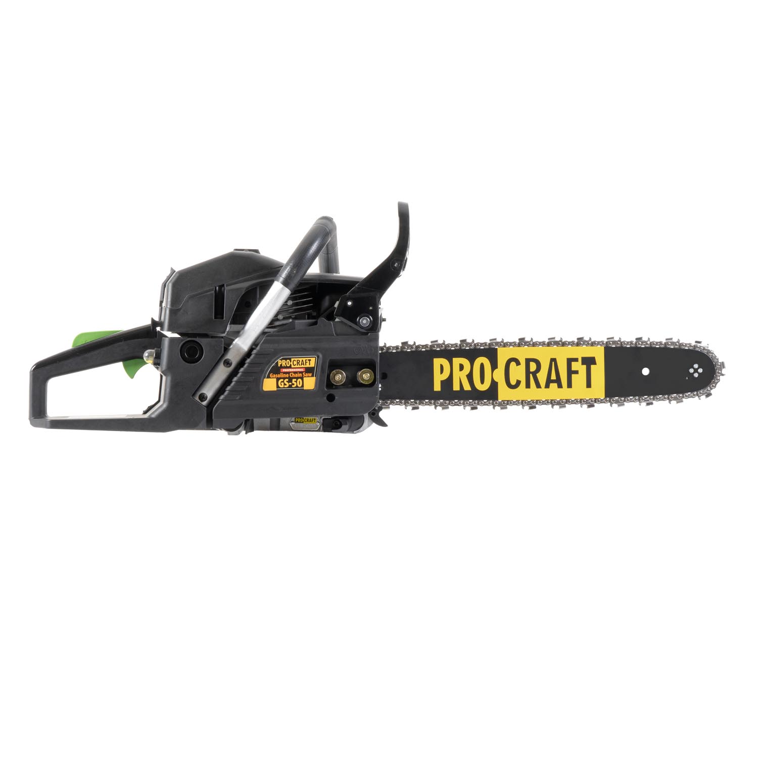 GS-50/2 PROCRAFT Бензинов трион, 49.3 cm³, 3300 об./мин., 2 шини, 2 вериги 0.325″ 64 звена 40 см, 72 звена 45 см