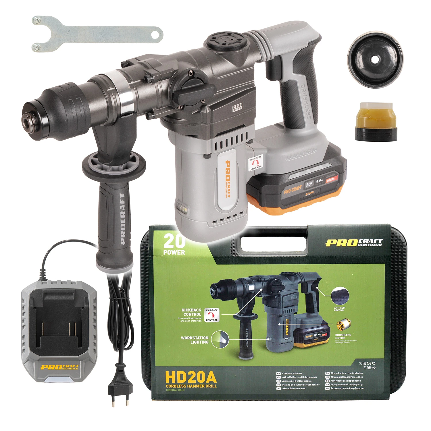 Procraft Industrial HD20A Акумулаторен перфоратор 20V, 3.8 J, kick-back контрол, комплект в куфар, батерия 20V/4Ah, зарядно 20V/42W