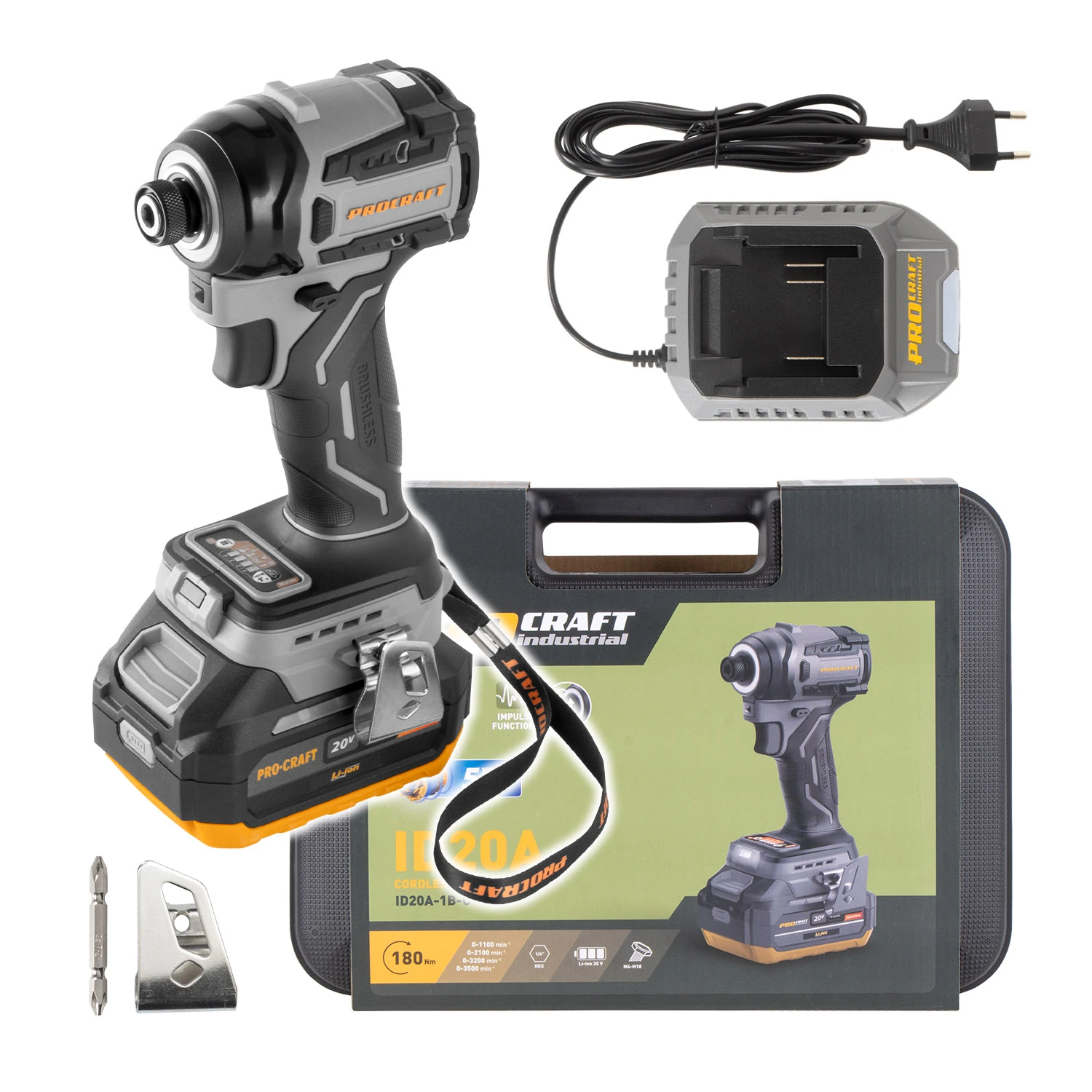 Procraft Industrial ID20A Акумулаторен ударен импакт, 20V, 80-180Nm, 0-3800 об./мин, безчетков, Set с батерия и зарядно