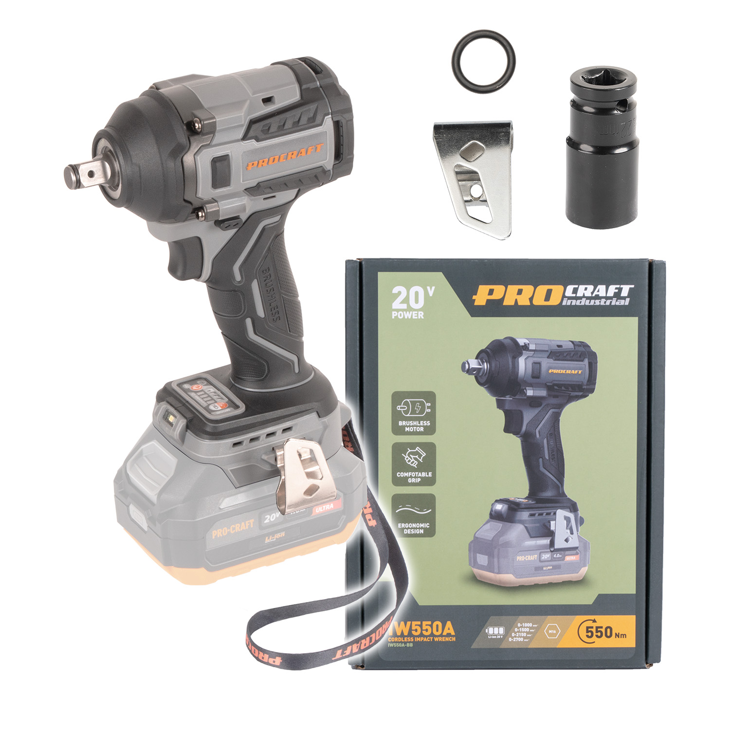 Procraft Industrial IW550A Акумулаторен ударен гайковерт , 20V, 550Nm, 0-2700 об./мин, 0-3900 уд/мин, безчетков, (body - без батерии и зарядно)