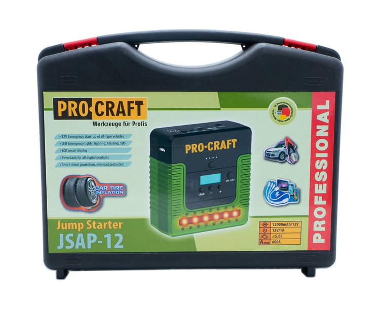 PROCRAFT JSAP-12 Стартерно устройство, 12V – 300A, с компресор за помпане на гуми и външна батерия (Powerbank).