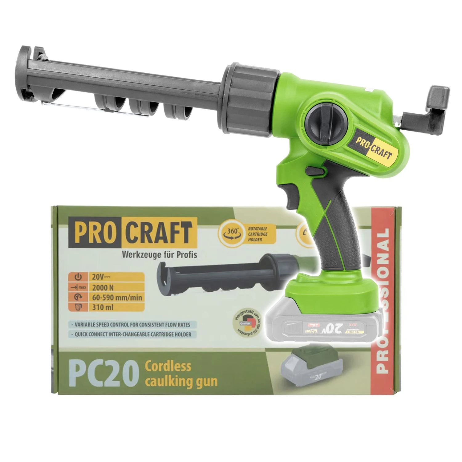 Procraft PC20bb Акумулаторен пистолет за силикон 20V, натиск 2000 N, капацитет 280–310 мл, solo (без батерия и зарядно)