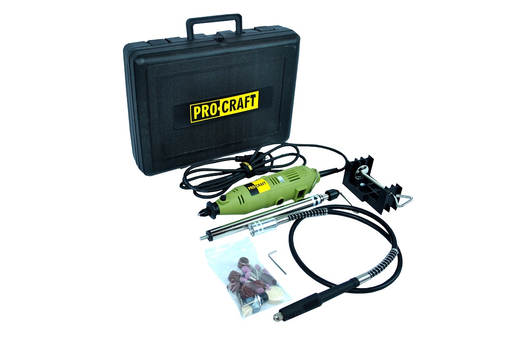 PROCRAFT PG130 Прав шлайф 130W, куфар, гъвкав вал, 36 бр. принадлежности