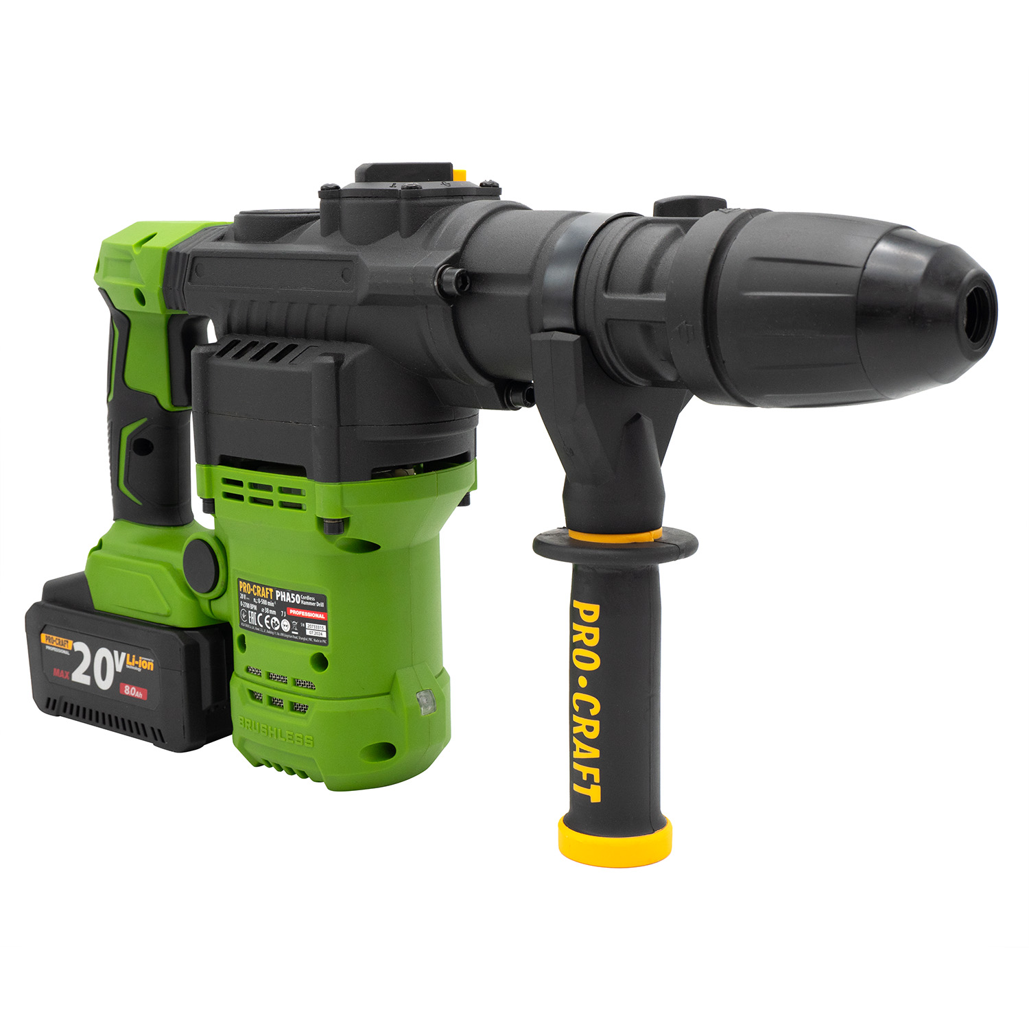 PROCRAFT PHA50 Перфоратор акумулаторен SDS-MAX, безчетков, 20V, 7J, 0-500 об./мин, 0 – 2700 уд./мин, 1 бр батерия и 1 бр зарядно, куфар.