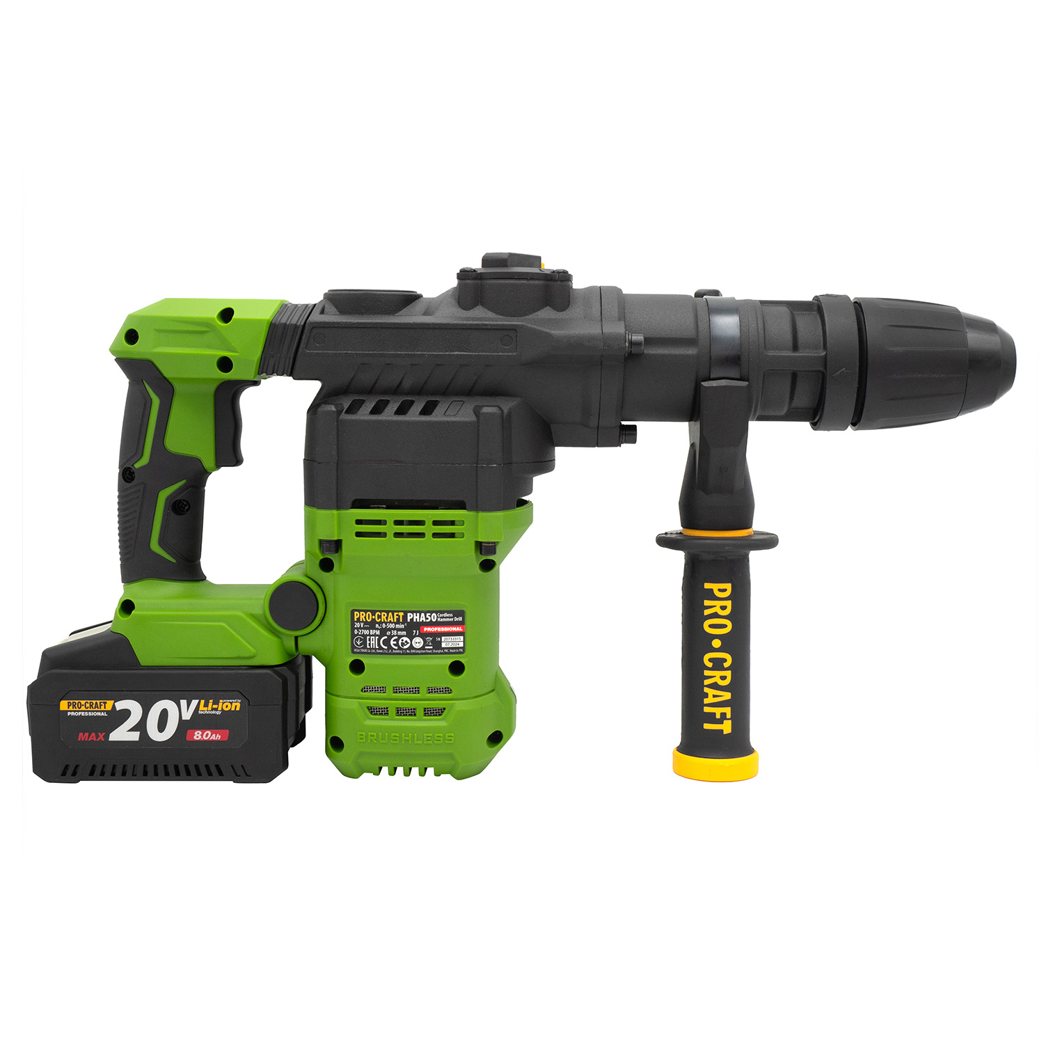 PROCRAFT PHA50 Перфоратор акумулаторен SDS-MAX, безчетков, 20V, 7J, 0-500 об./мин, 0 – 2700 уд./мин, 1 бр батерия и 1 бр зарядно, куфар.
